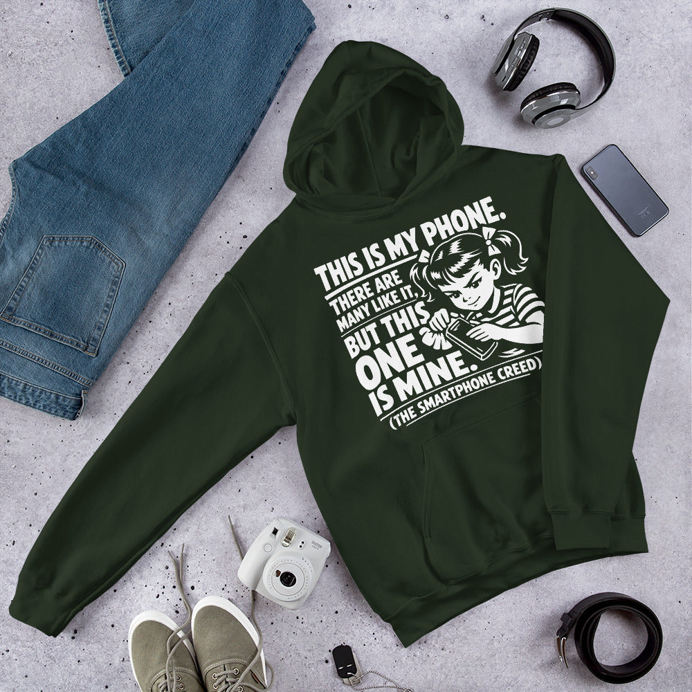 Forest Green pullover hoodie, front view, showing a mockup for Smartphone Creed retro woman holding a phone and statement lettering.
