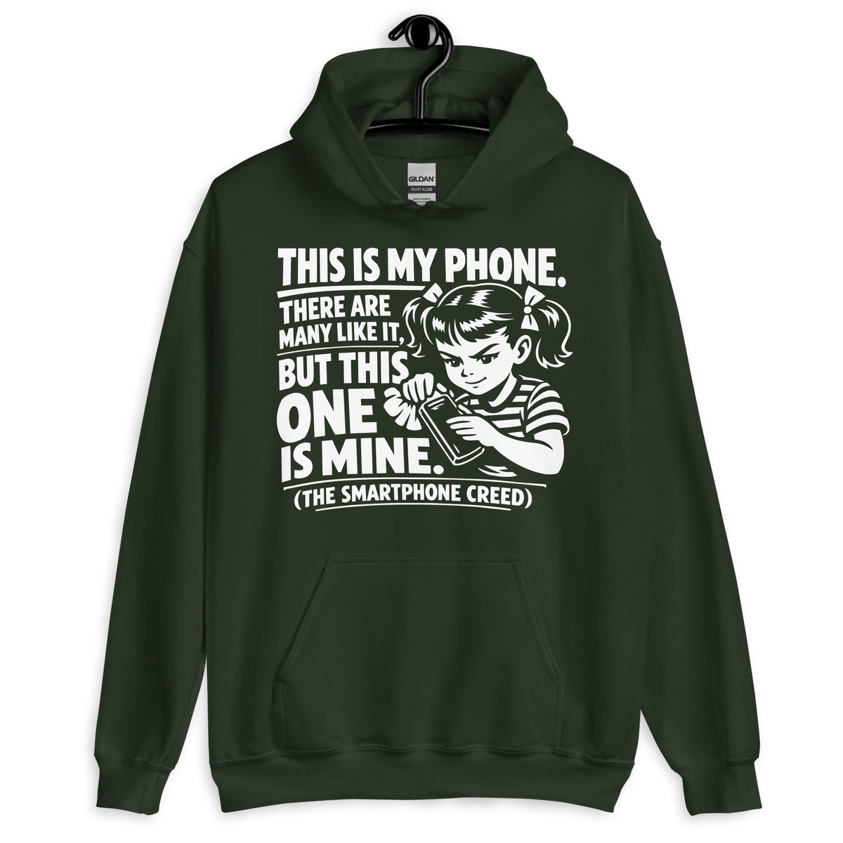 Forest Green pullover hoodie, front view, showing a mockup for Smartphone Creed retro woman holding a phone and statement lettering.