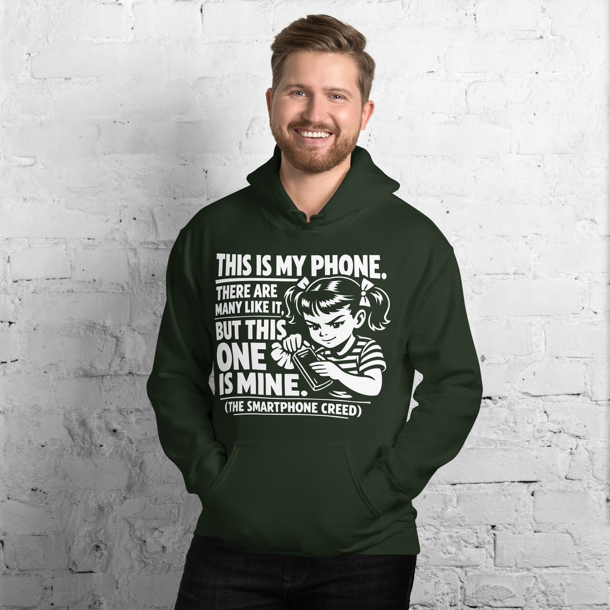 Forest Green pullover hoodie, front view, showing a mockup for Smartphone Creed retro woman holding a phone and statement lettering.