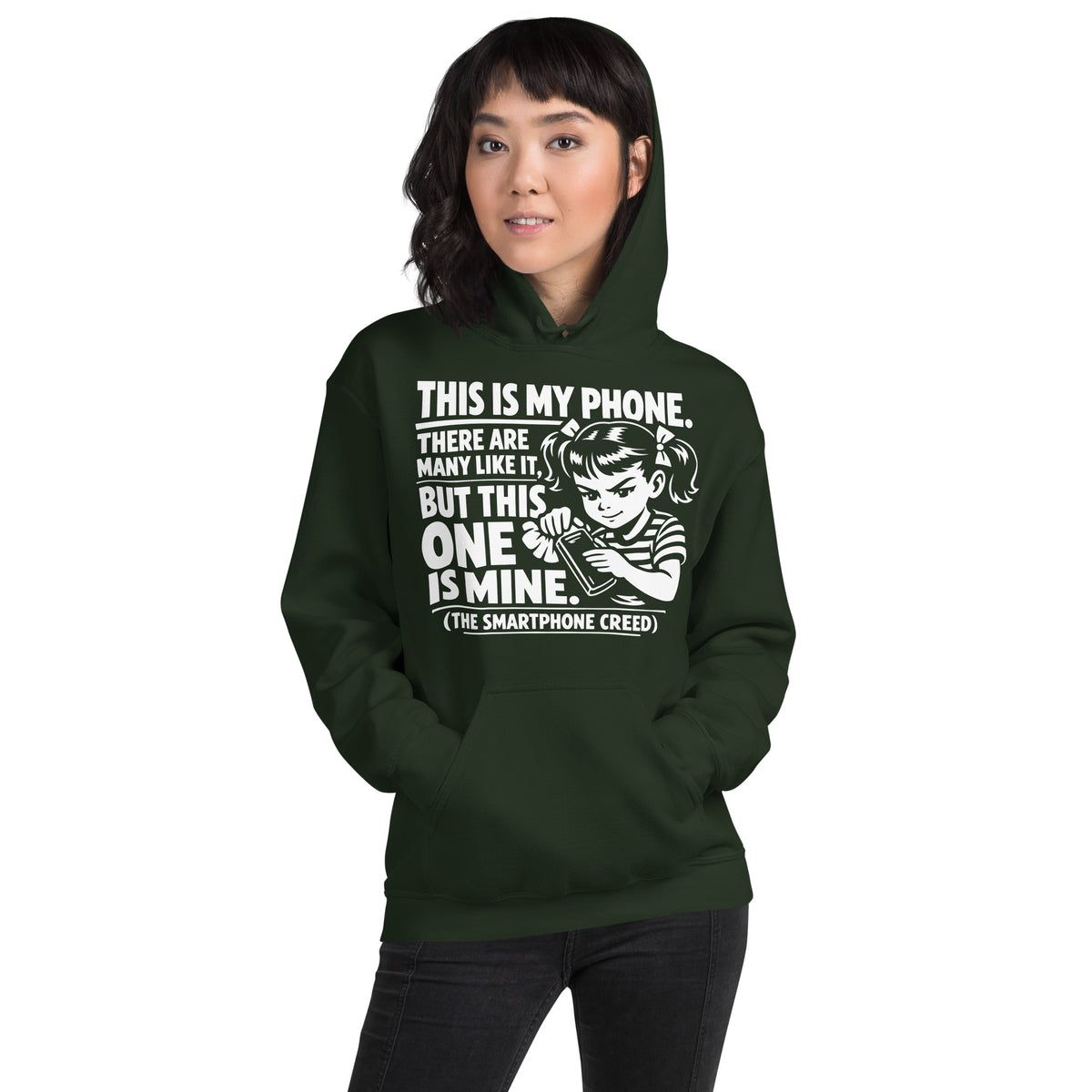 Forest Green pullover hoodie, front view, showing a mockup for Smartphone Creed retro woman holding a phone and statement lettering.