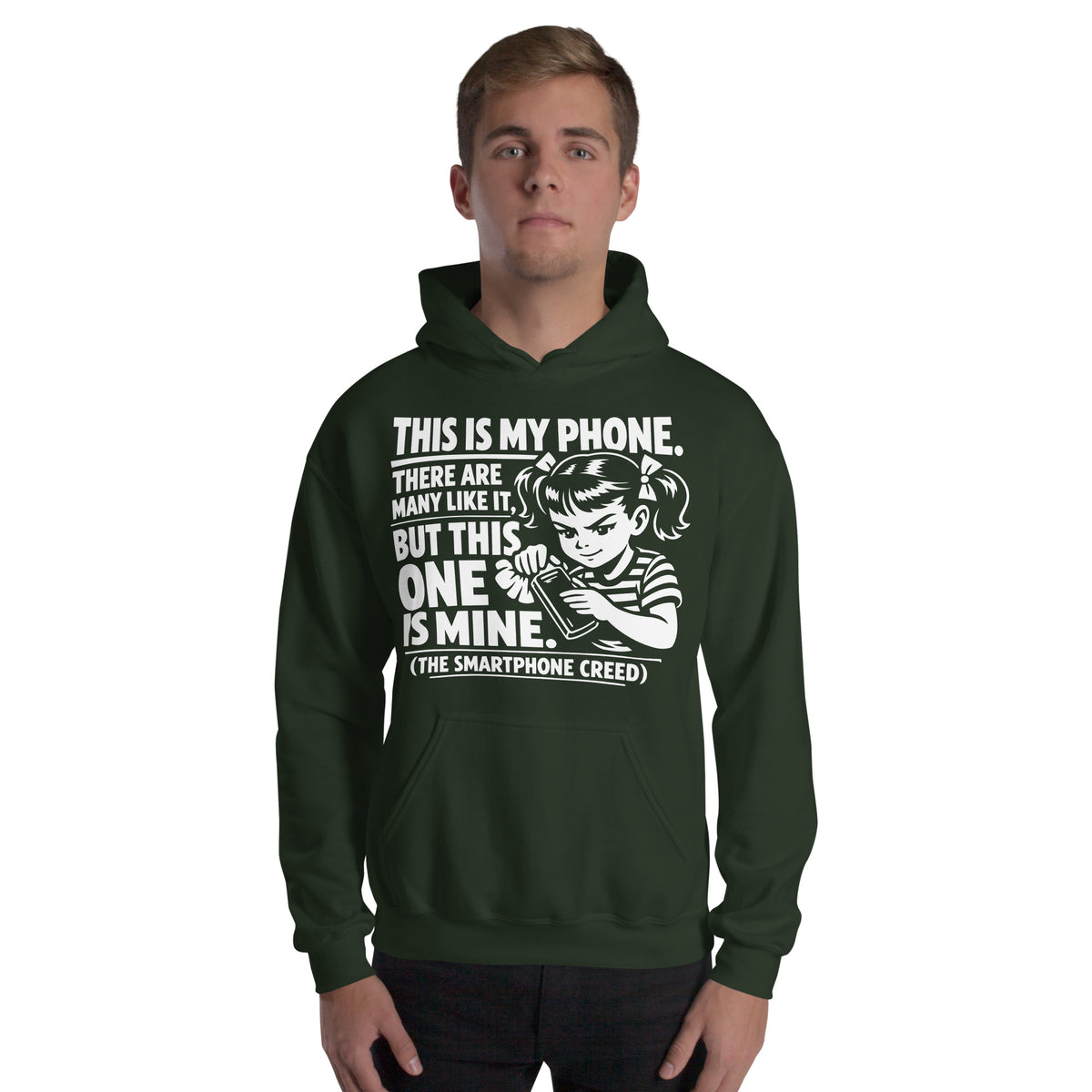 Forest Green pullover hoodie, front view, showing a mockup for Smartphone Creed retro woman holding a phone and statement lettering.