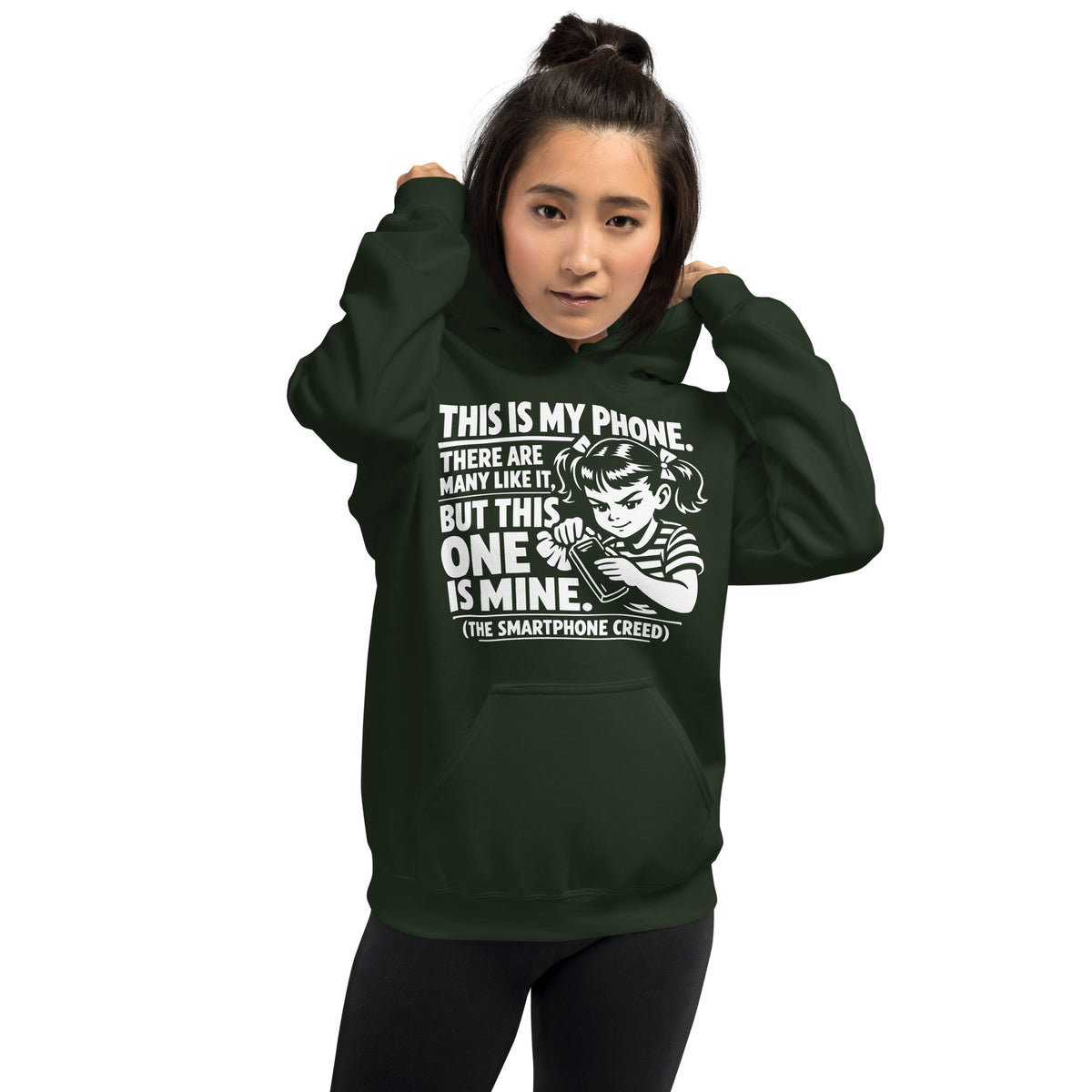 Forest Green pullover hoodie, front view, showing a mockup for Smartphone Creed retro woman holding a phone and statement lettering.
