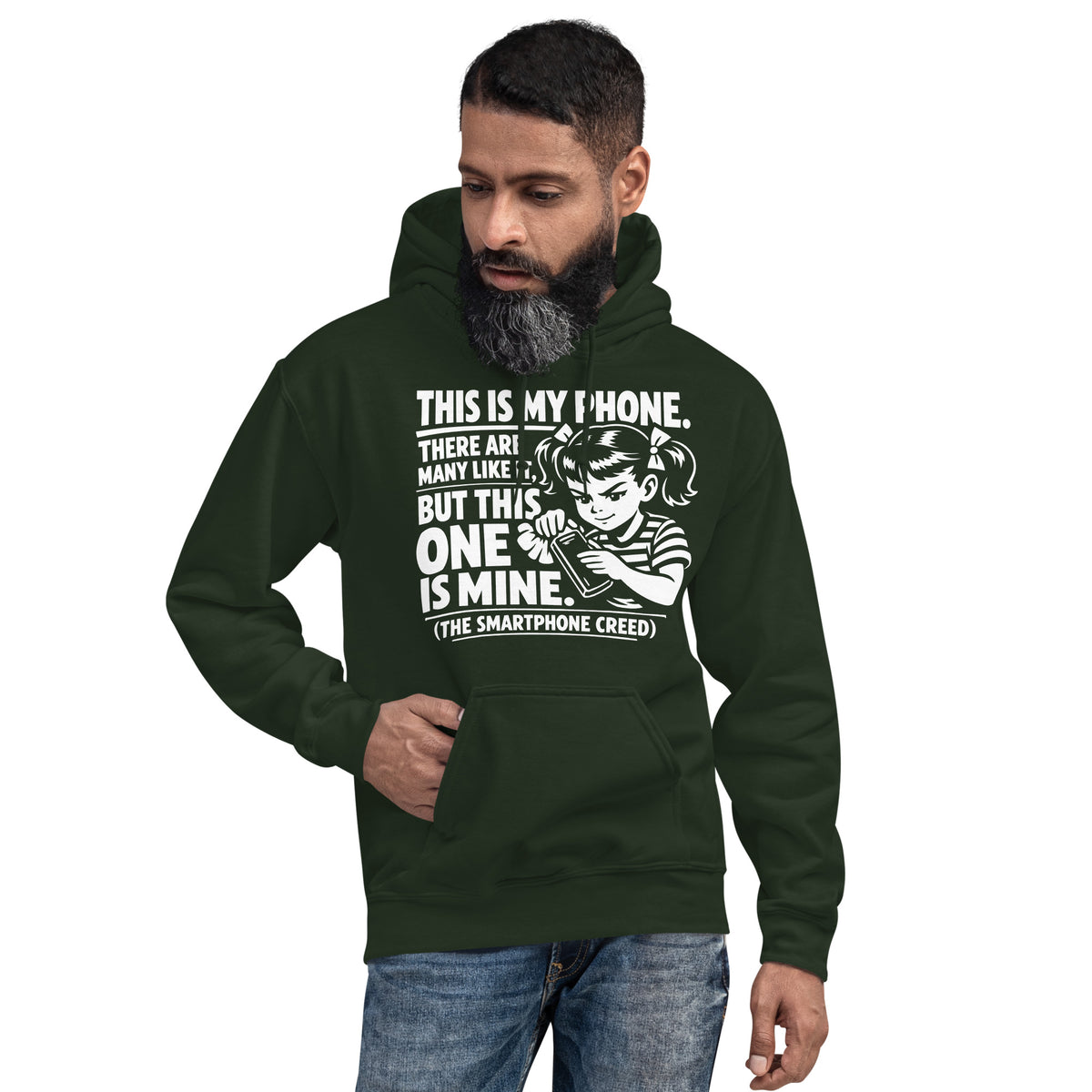 Forest Green pullover hoodie, front view, showing a mockup for Smartphone Creed retro woman holding a phone and statement lettering.
