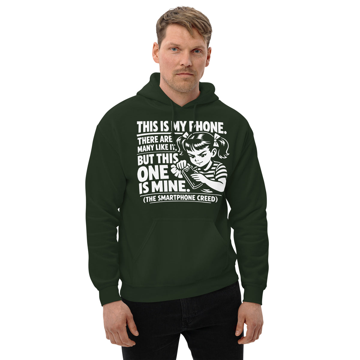 Forest Green pullover hoodie, front view, showing a mockup for Smartphone Creed retro woman holding a phone and statement lettering.