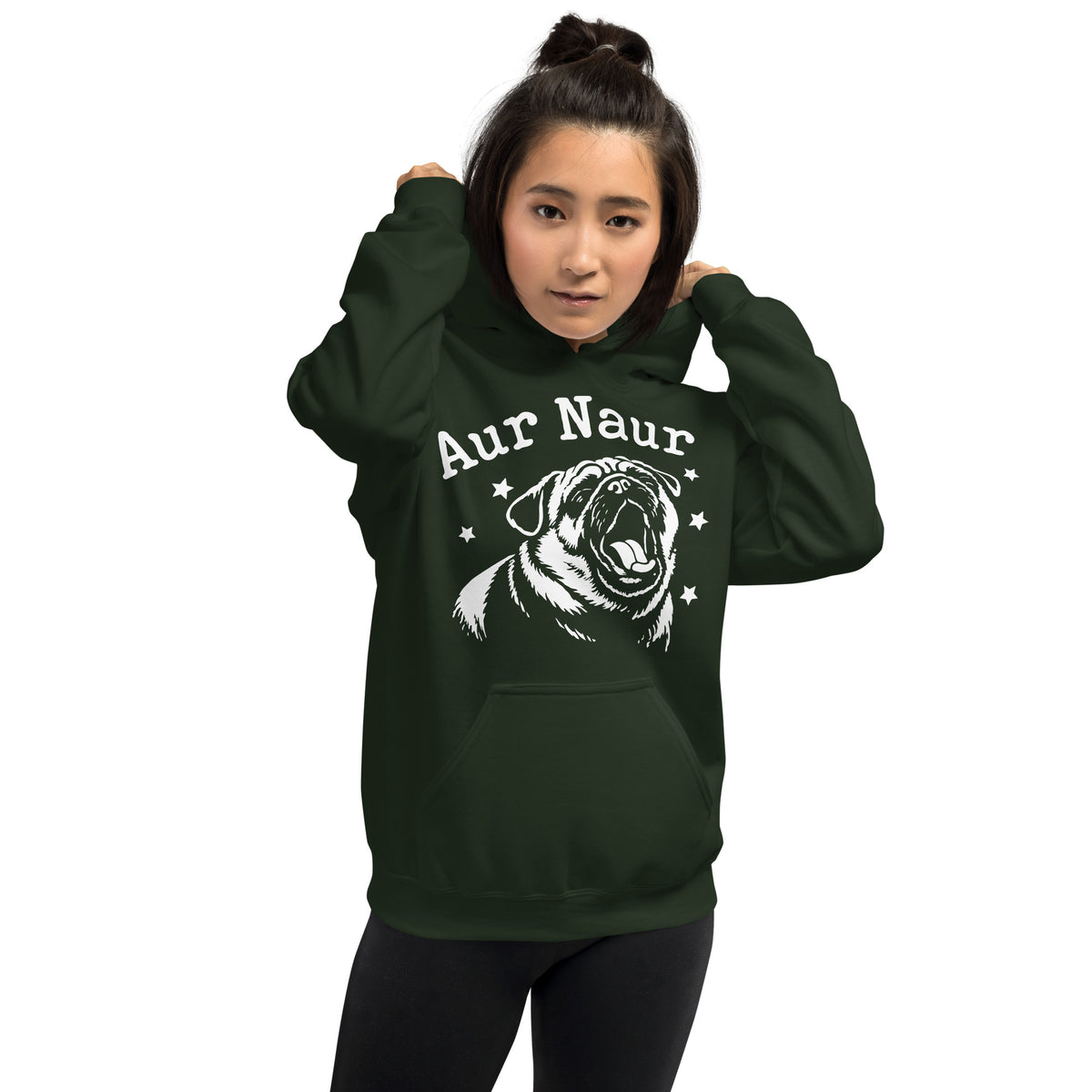 Forest Green pullover hoodie, front view, featuring Aur Naur white pug portrait and star-accented lettering.