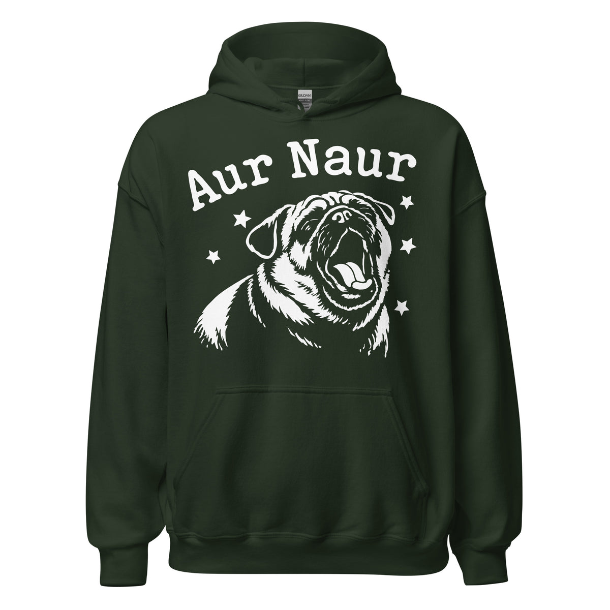 Forest Green pullover hoodie, front view, featuring Aur Naur white pug portrait and star-accented lettering.