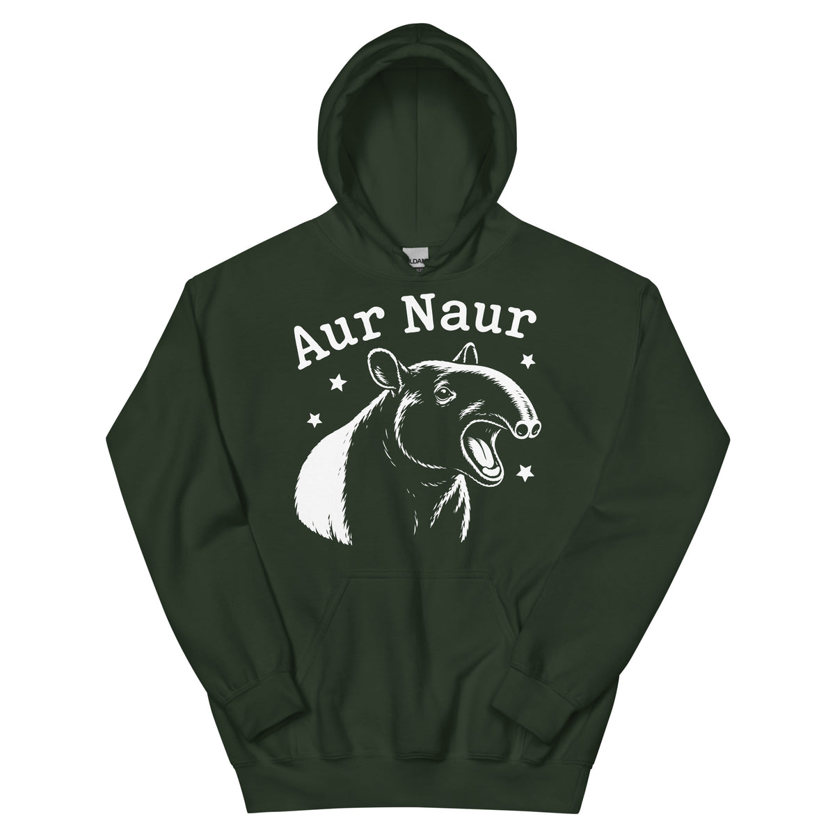 Forest Green pullover hoodie, front view, featuring Aur Naur white tapir portrait, stars and lettering.