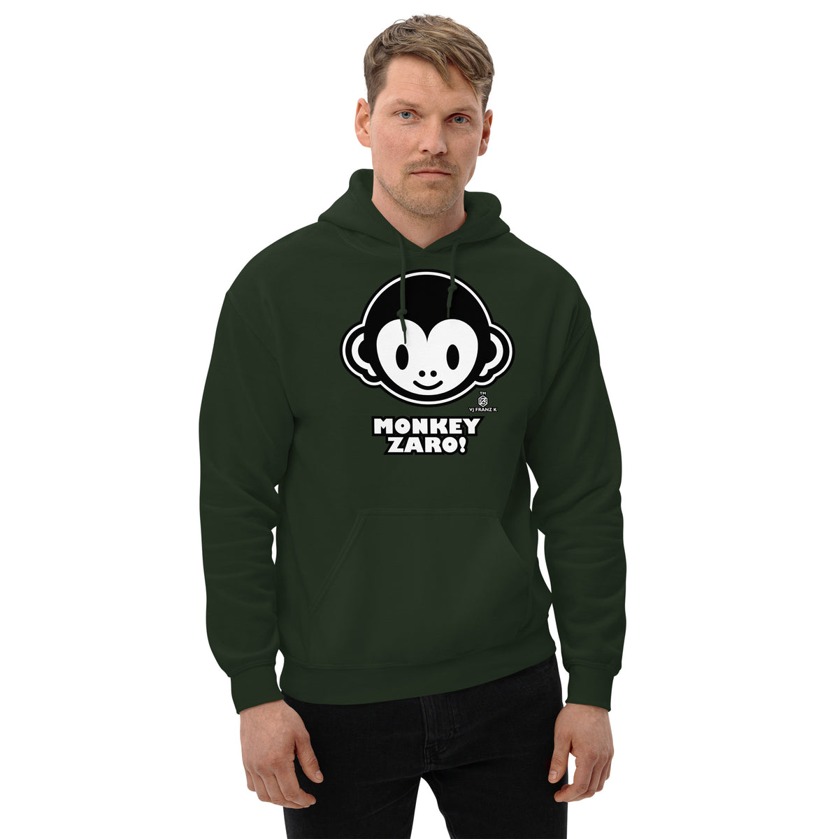 Forest Green pullover hoodie, front view, featuring Monkey Zaro! white cartoon monkey face and lettering.