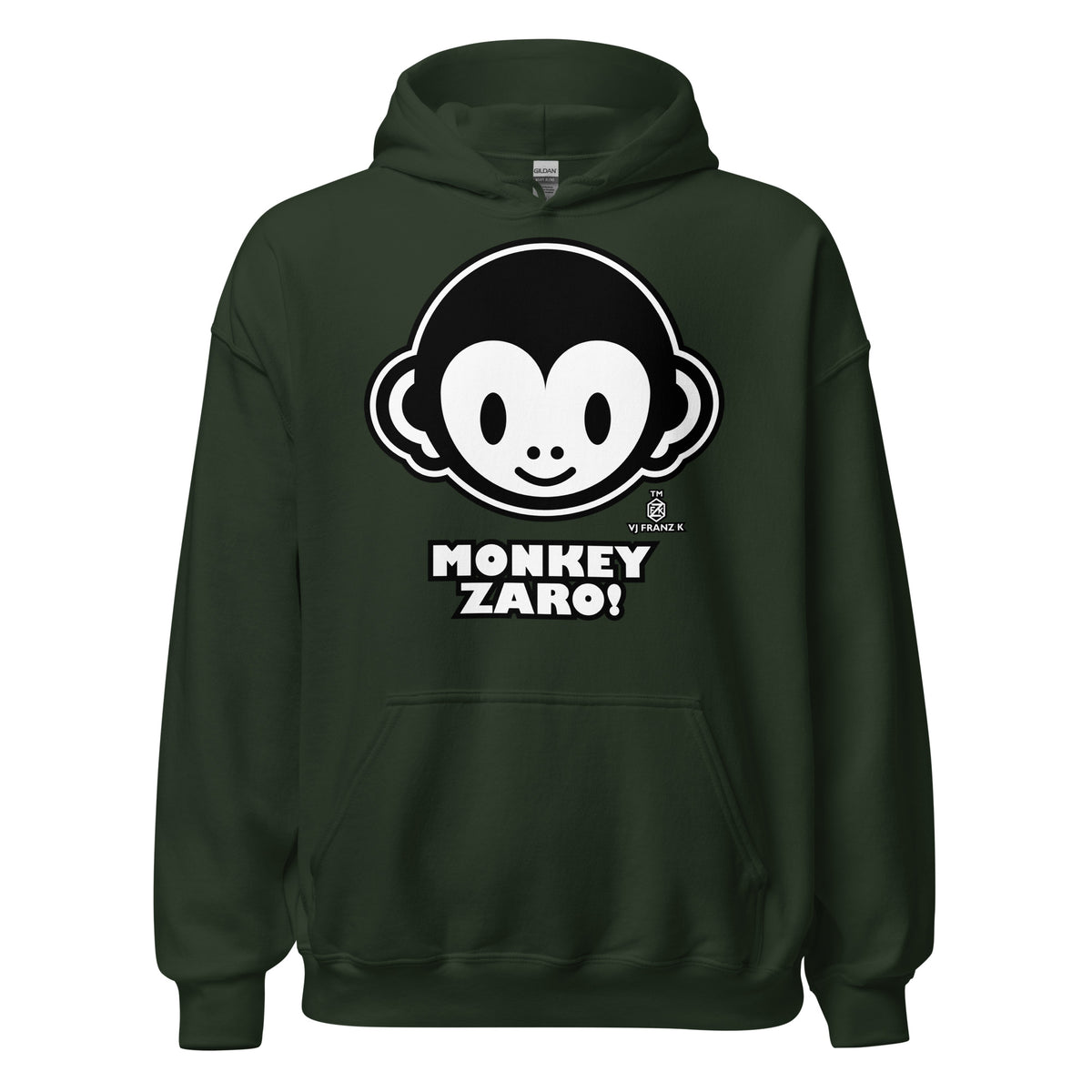 Forest Green pullover hoodie, front view, featuring Monkey Zaro! white cartoon monkey face and lettering.