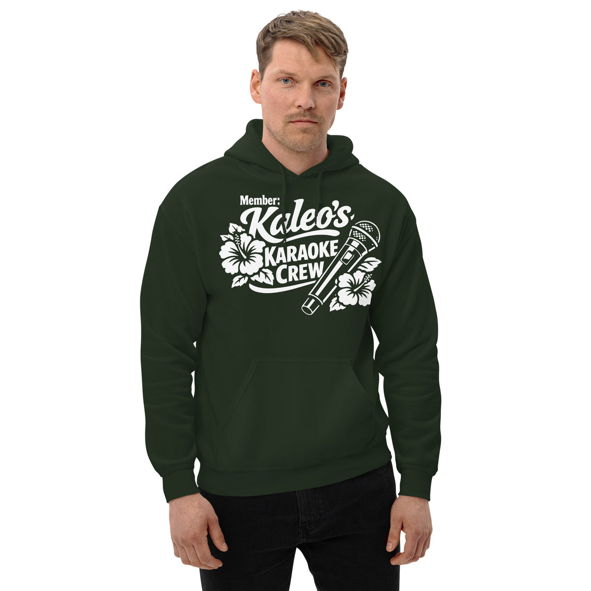 Forest Green pullover hoodie, front view, featuring Kaleo's Karaoke Crew lettering, microphone, and hibiscus flowers.