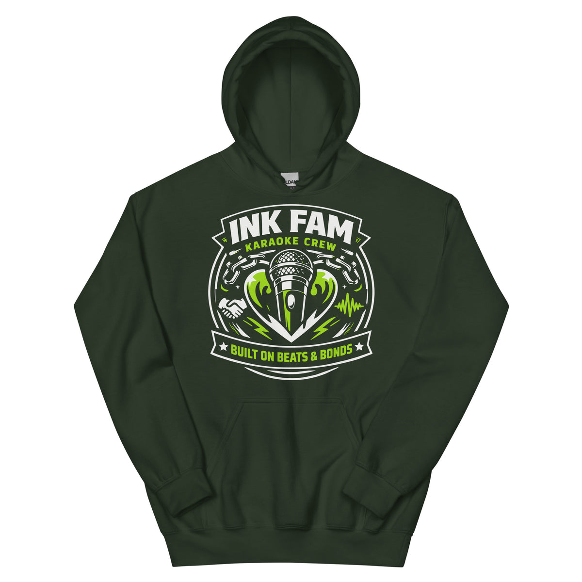 Forest Green pullover hoodie, front view, featuring DJ Ink Beats & Bonds shield with a microphone and green-and-white lettering.