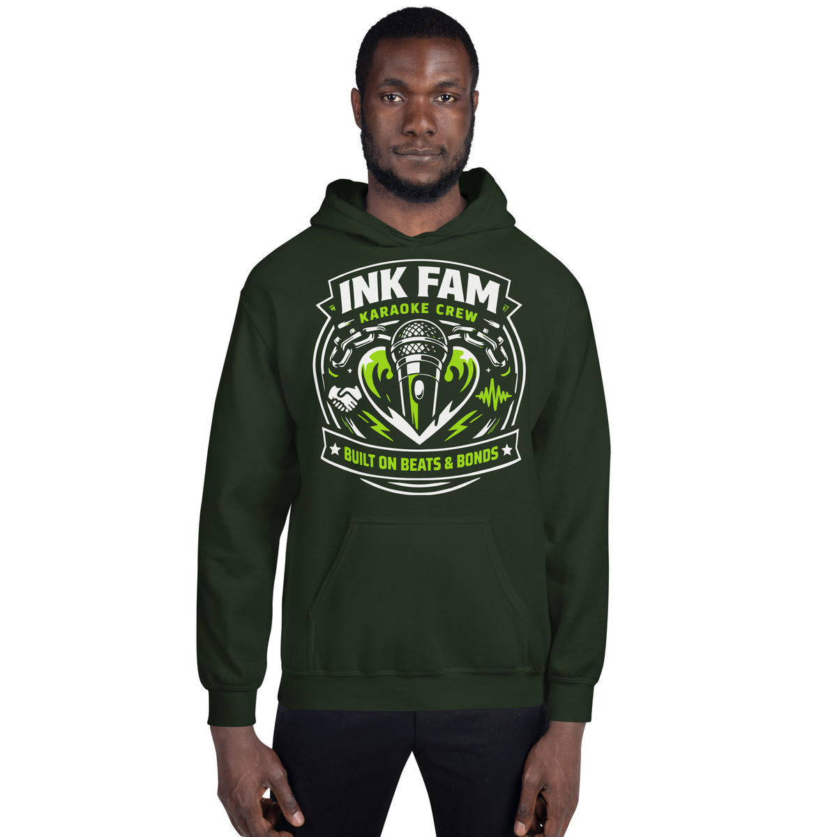 Forest Green pullover hoodie, front view, featuring DJ Ink Beats & Bonds shield with a microphone and green-and-white lettering.
