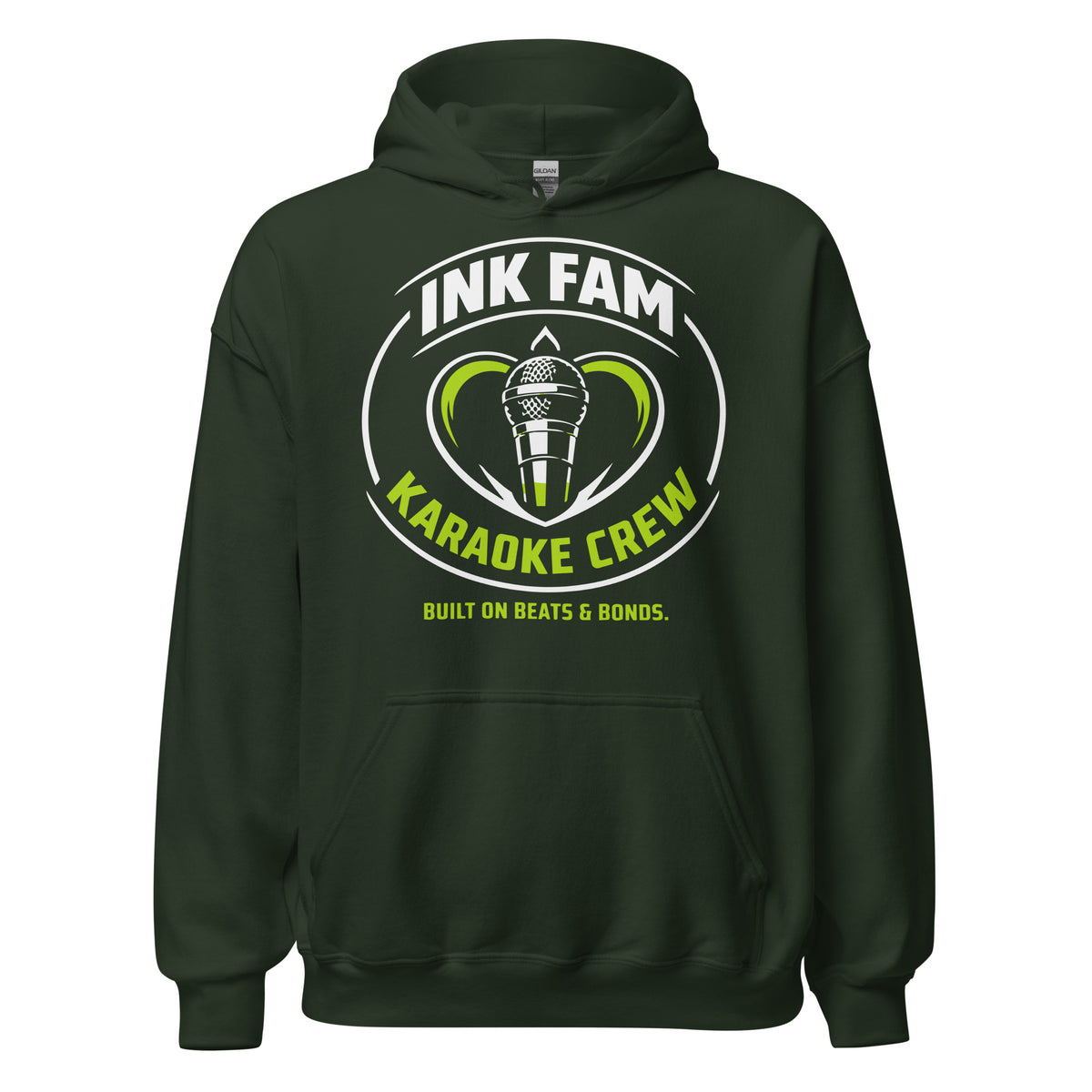 Forest Green pullover hoodie, front view, featuring the green-and-white circular DJ Ink Fam microphone badge.
