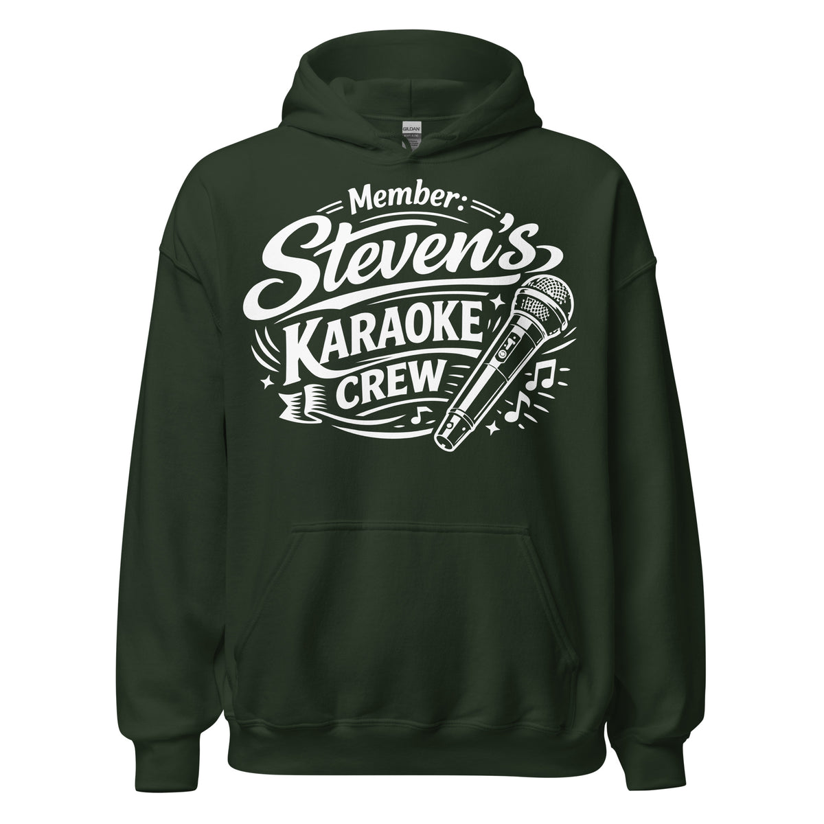 Forest Green pullover hoodie, front view, featuring Steven's Karaoke Crew lettering and microphone graphic.