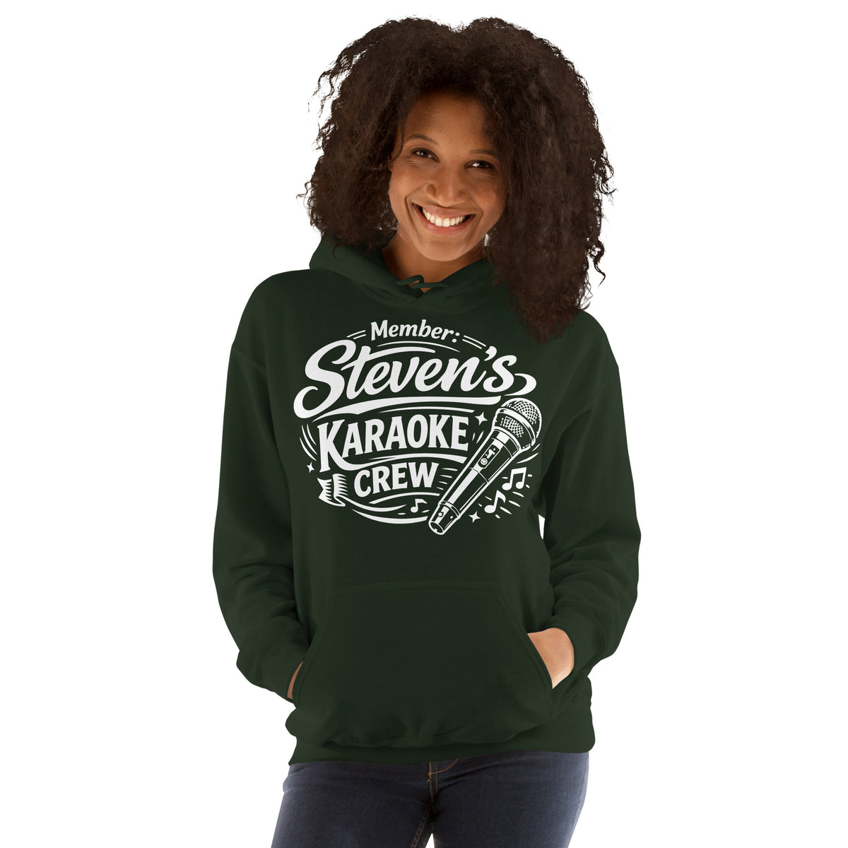 Forest Green pullover hoodie, front view, featuring Steven's Karaoke Crew lettering and microphone graphic.