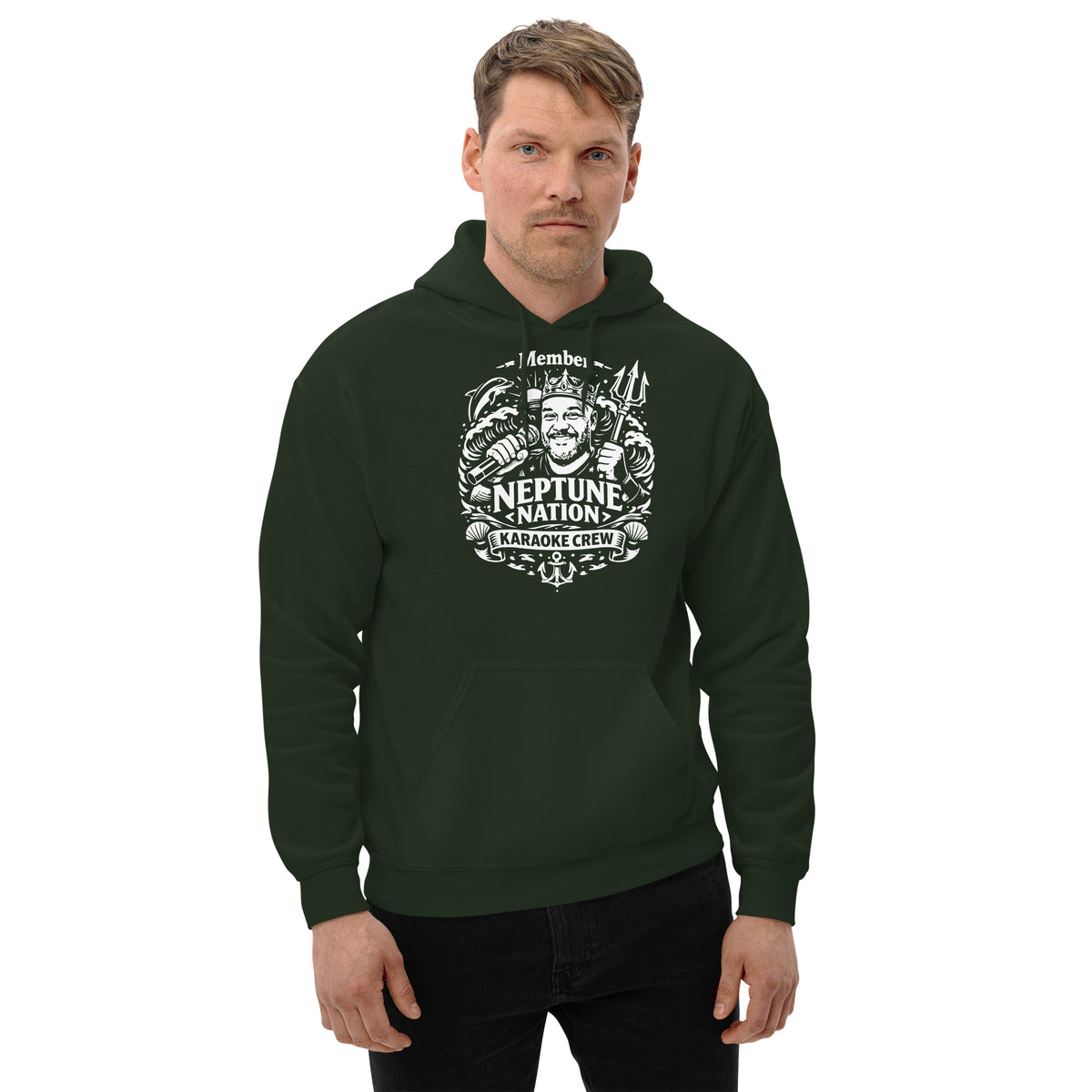 Forest Green pullover hoodie, front view, featuring KJ Neptune's Neptune Nation nautical microphone and trident badge.