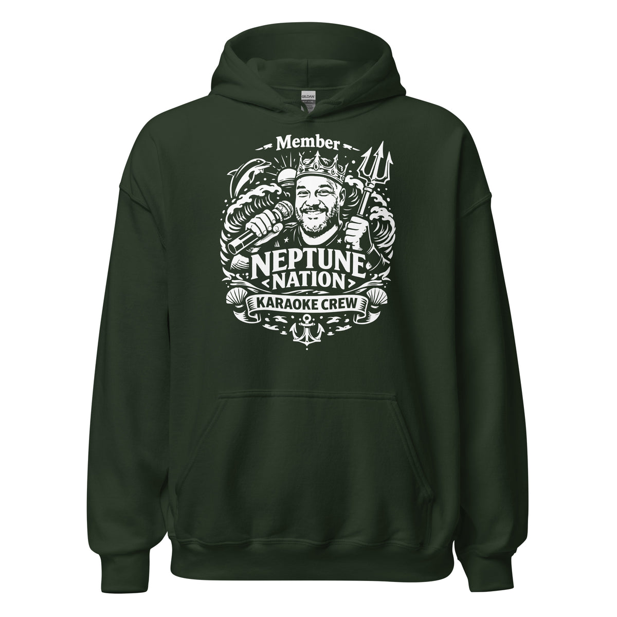 Forest Green pullover hoodie, front view, featuring KJ Neptune's Neptune Nation nautical microphone and trident badge.