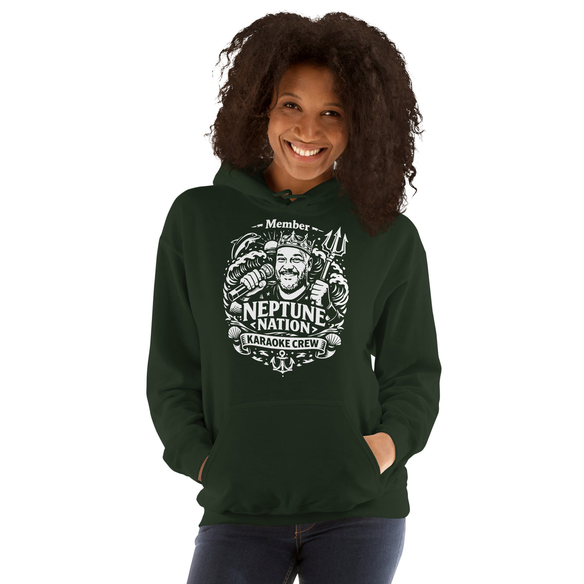 Forest Green pullover hoodie, front view, featuring KJ Neptune's Neptune Nation nautical microphone and trident badge.
