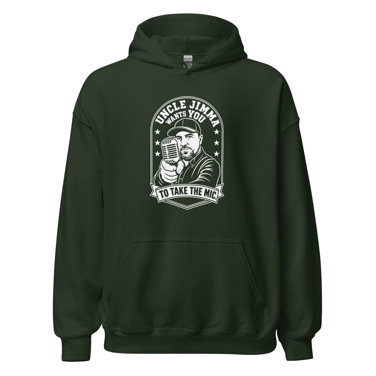 Forest Green pullover hoodie, front view, featuring Uncle Jimma Wants You to Take the Mic pointing portrait and microphone.