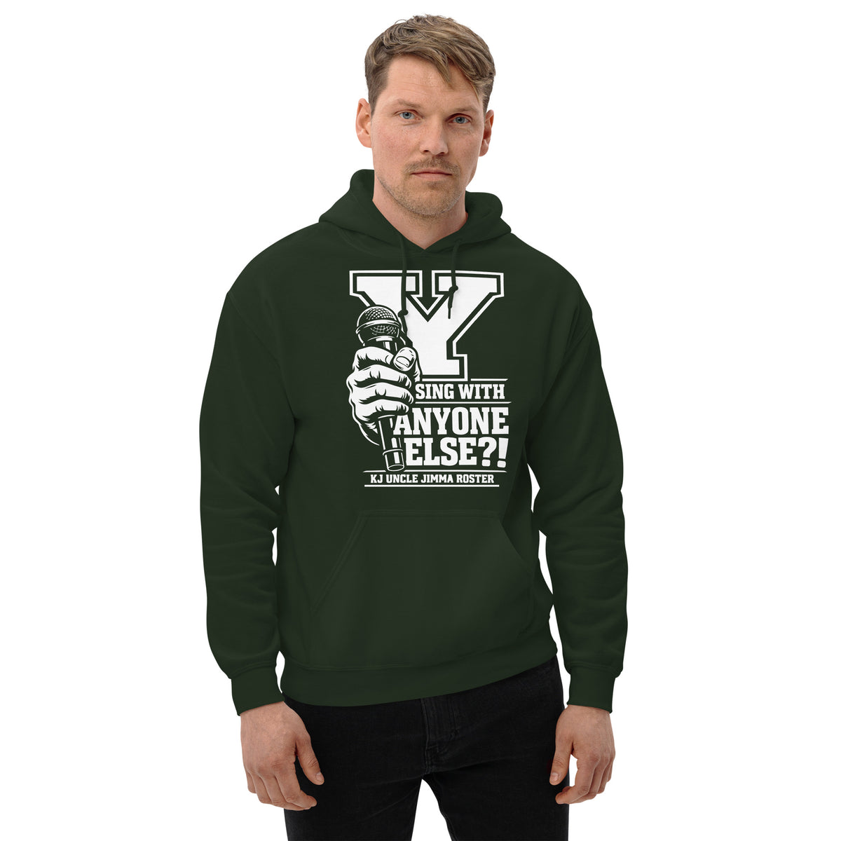 Forest Green pullover hoodie, front view, featuring Uncle Jimma Roster Anthem varsity Y with hand-held microphone.