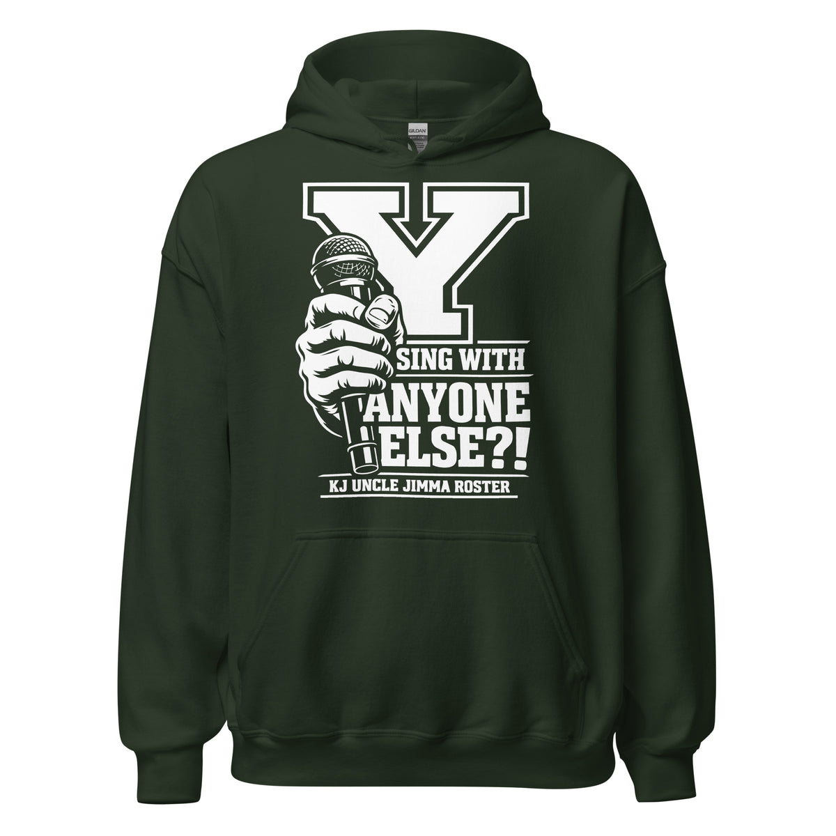 Forest Green pullover hoodie, front view, featuring Uncle Jimma Roster Anthem varsity Y with hand-held microphone.