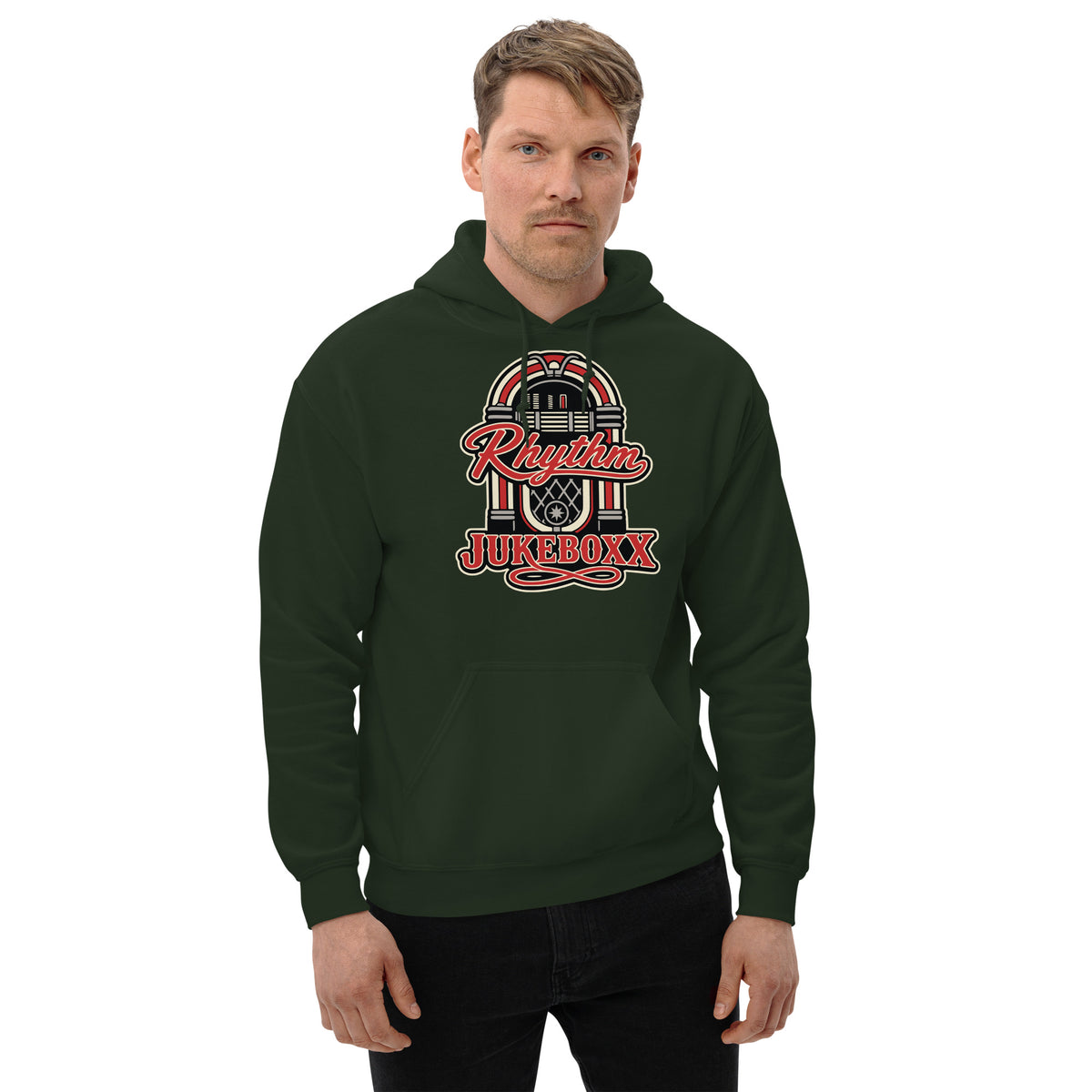 Forest Green pullover hoodie, front view, featuring Rhythm Jukeboxx red-and-cream retro jukebox graphic.