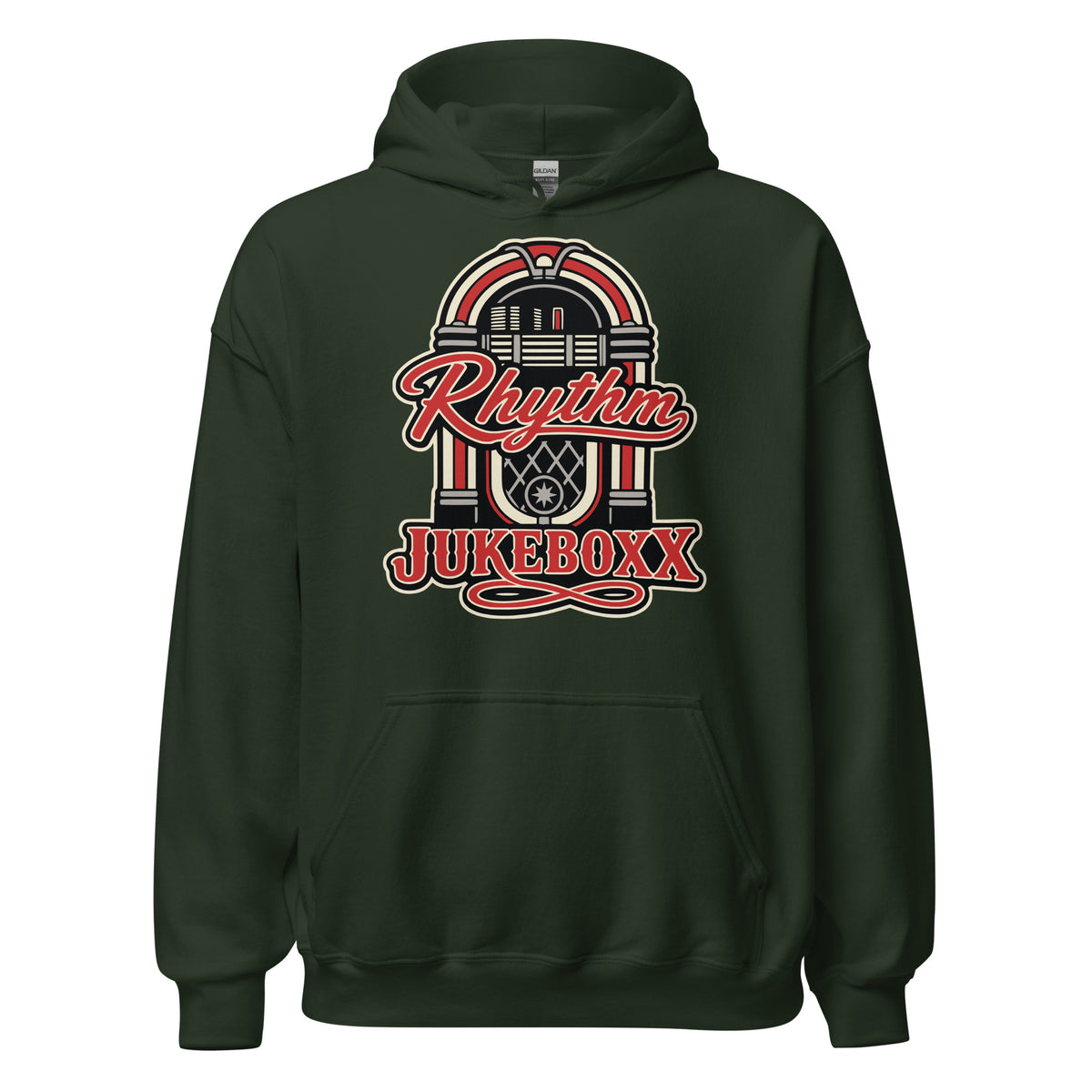 Forest Green pullover hoodie, front view, featuring Rhythm Jukeboxx red-and-cream retro jukebox graphic.