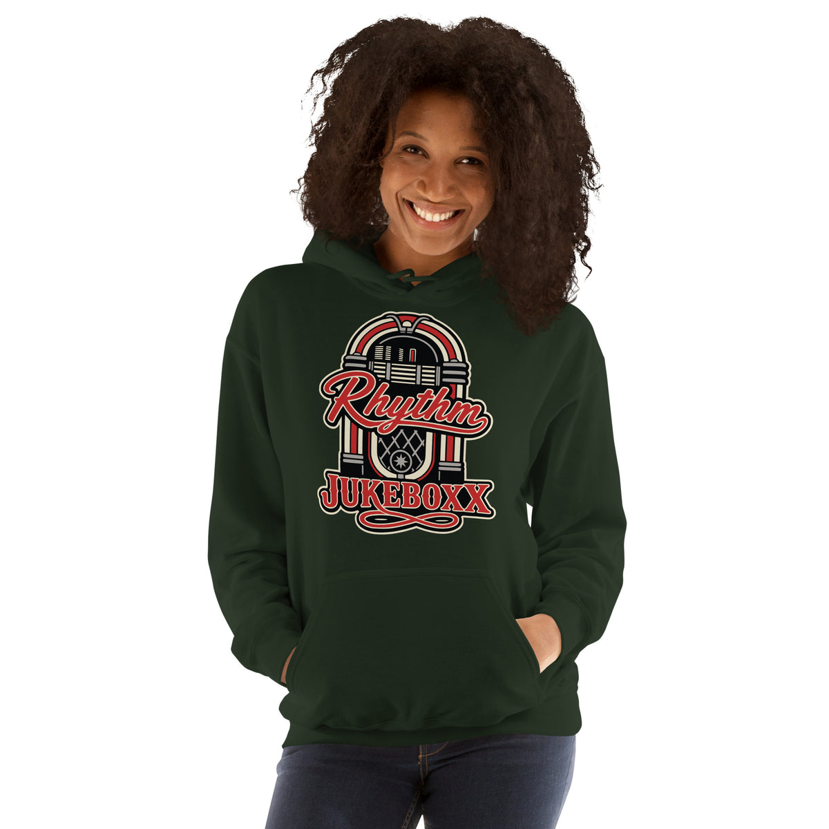 Forest Green pullover hoodie, front view, featuring Rhythm Jukeboxx red-and-cream retro jukebox graphic.