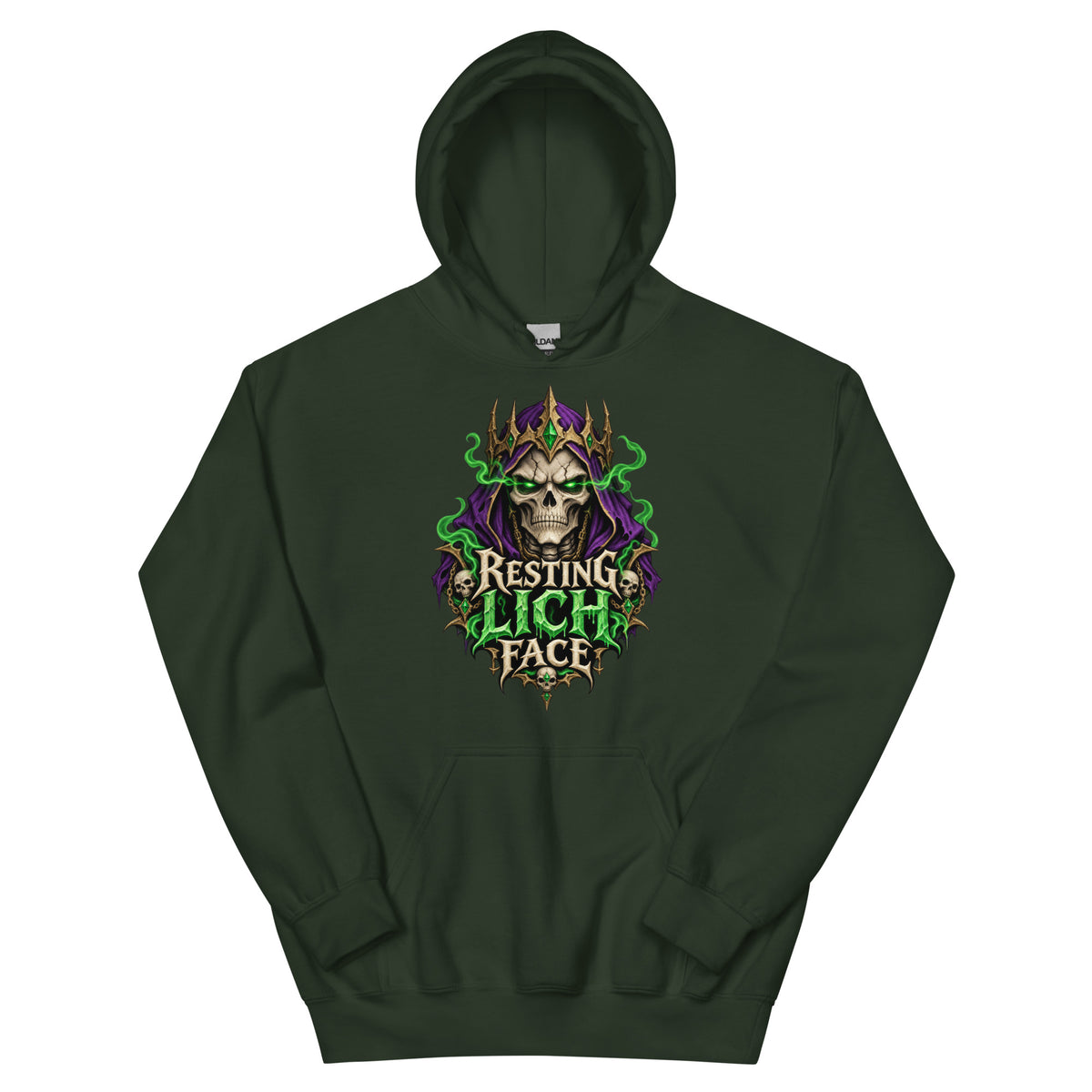 Forest Green pullover hoodie, front view, featuring the Resting Lich Face crowned skull lich design