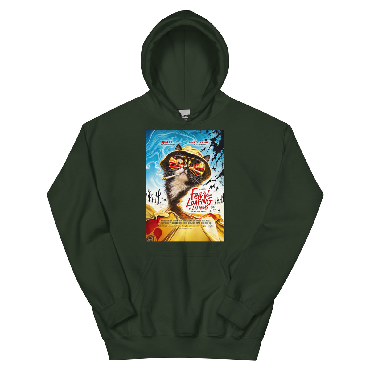 Forest Green pullover hoodie, front view, featuring the Fear and Loafing in Las Vegas Quark cat poster design
