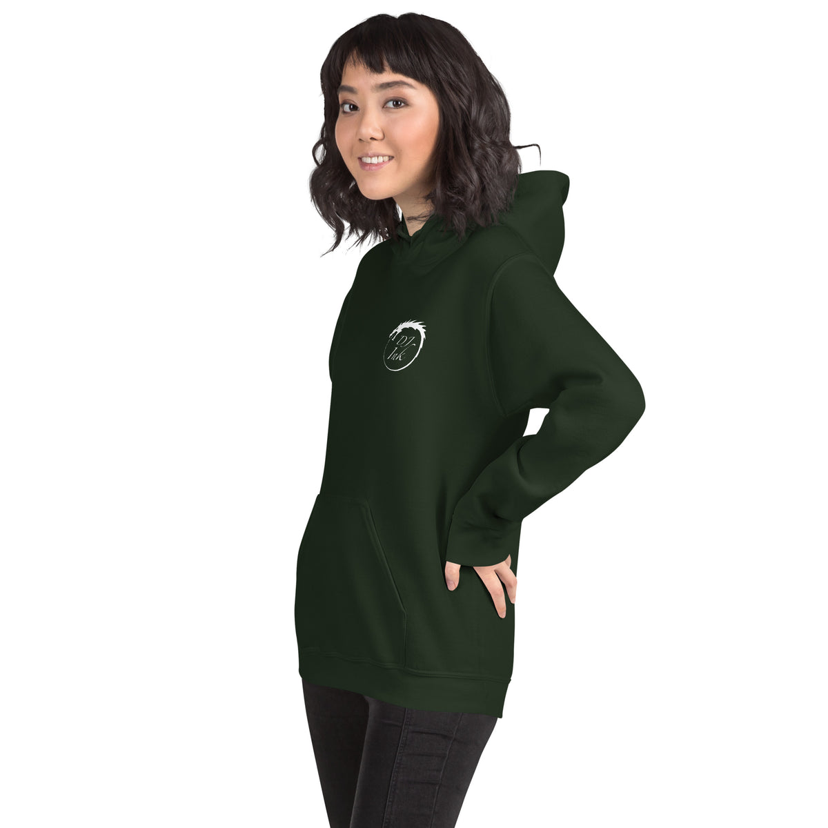 Forest Green pullover hoodie, left-front angled view, featuring DJ Ink white Ouroboros dragon-circle logo.