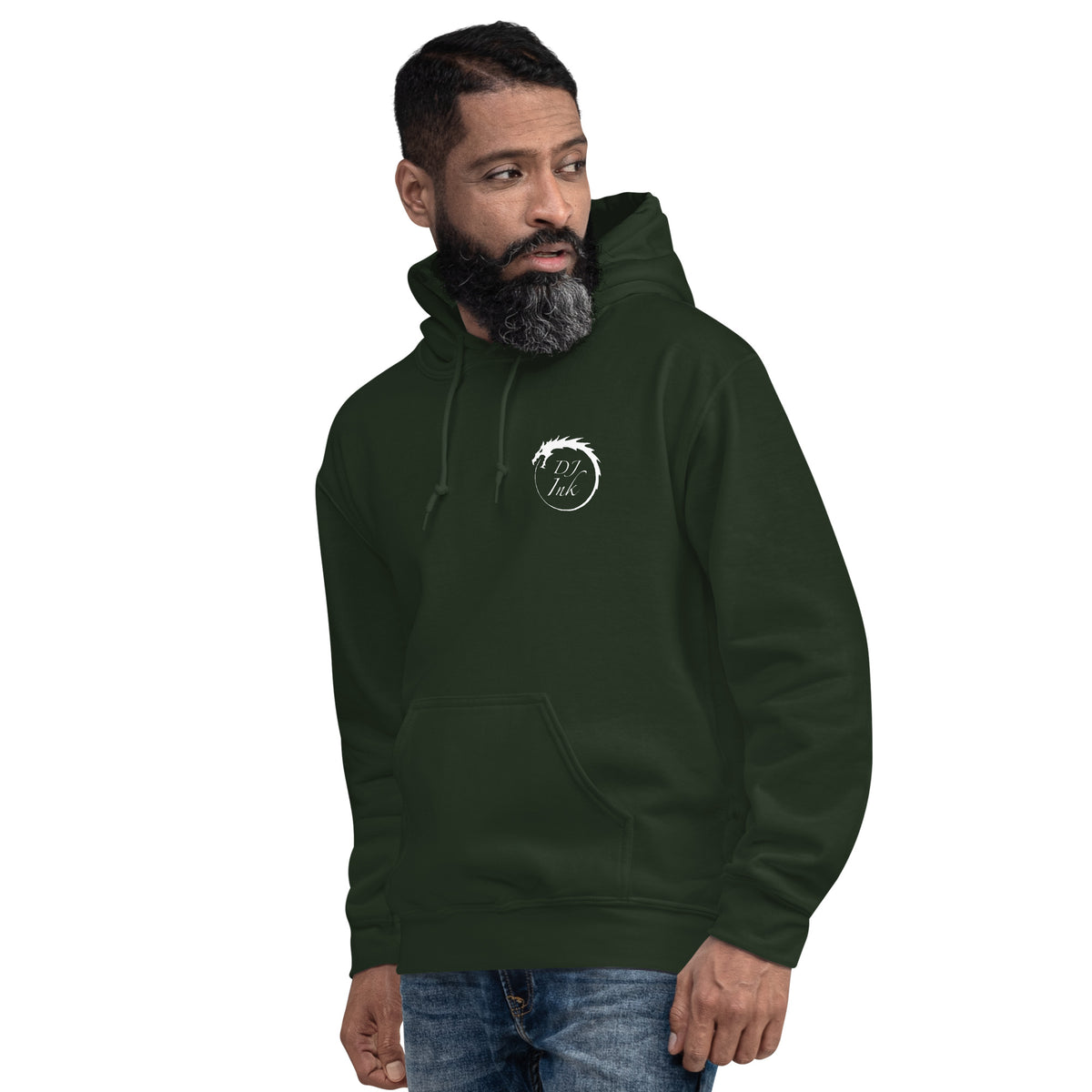 Forest Green pullover hoodie, left-front angled view, featuring DJ Ink white Ouroboros dragon-circle logo.