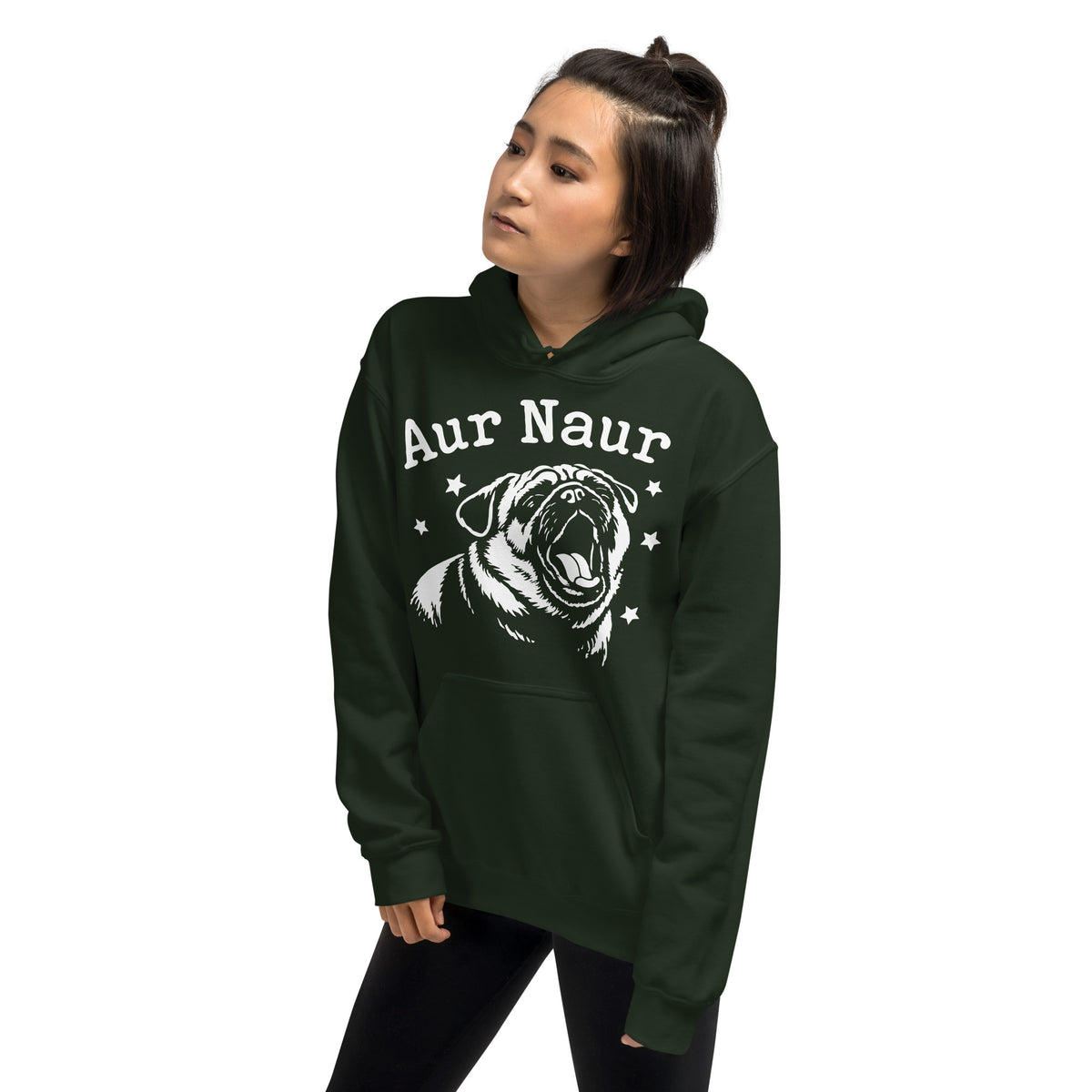 Forest Green pullover hoodie, left-front angled view, featuring Aur Naur white pug portrait and star-accented lettering.