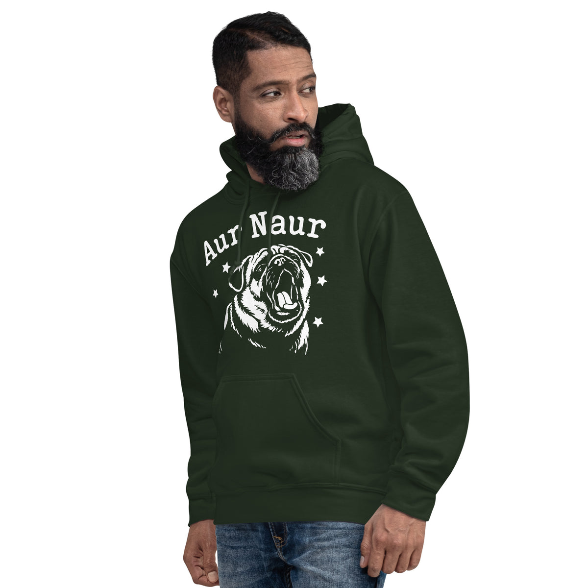 Forest Green pullover hoodie, left-front angled view, featuring Aur Naur white pug portrait and star-accented lettering.