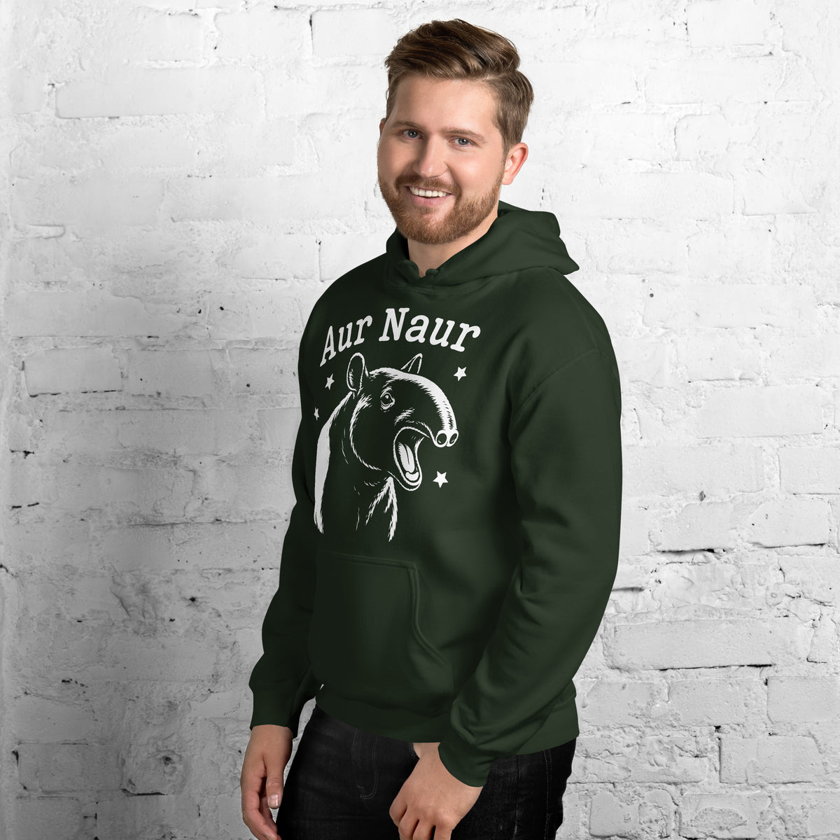 Forest Green pullover hoodie, left-front angled view, featuring Aur Naur white tapir portrait, stars and lettering.