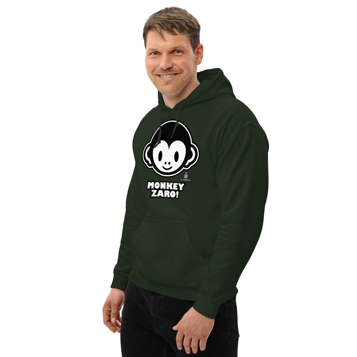 Forest Green pullover hoodie, left-front angled view, featuring Monkey Zaro! white cartoon monkey face and lettering.