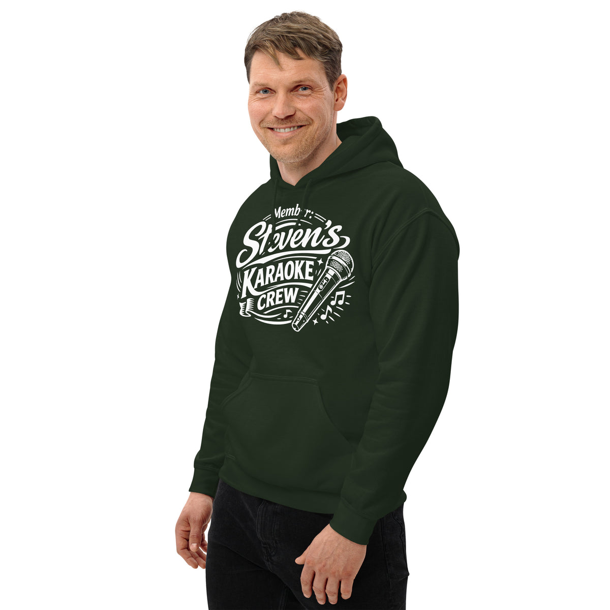 Forest Green pullover hoodie, left-front angled view, featuring Steven's Karaoke Crew lettering and microphone graphic.