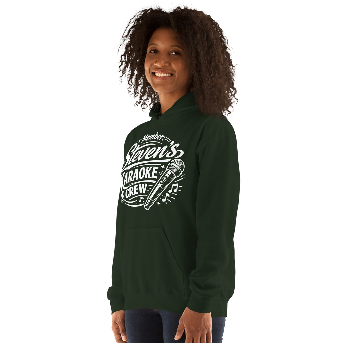 Forest Green pullover hoodie, left-front angled view, featuring Steven's Karaoke Crew lettering and microphone graphic.
