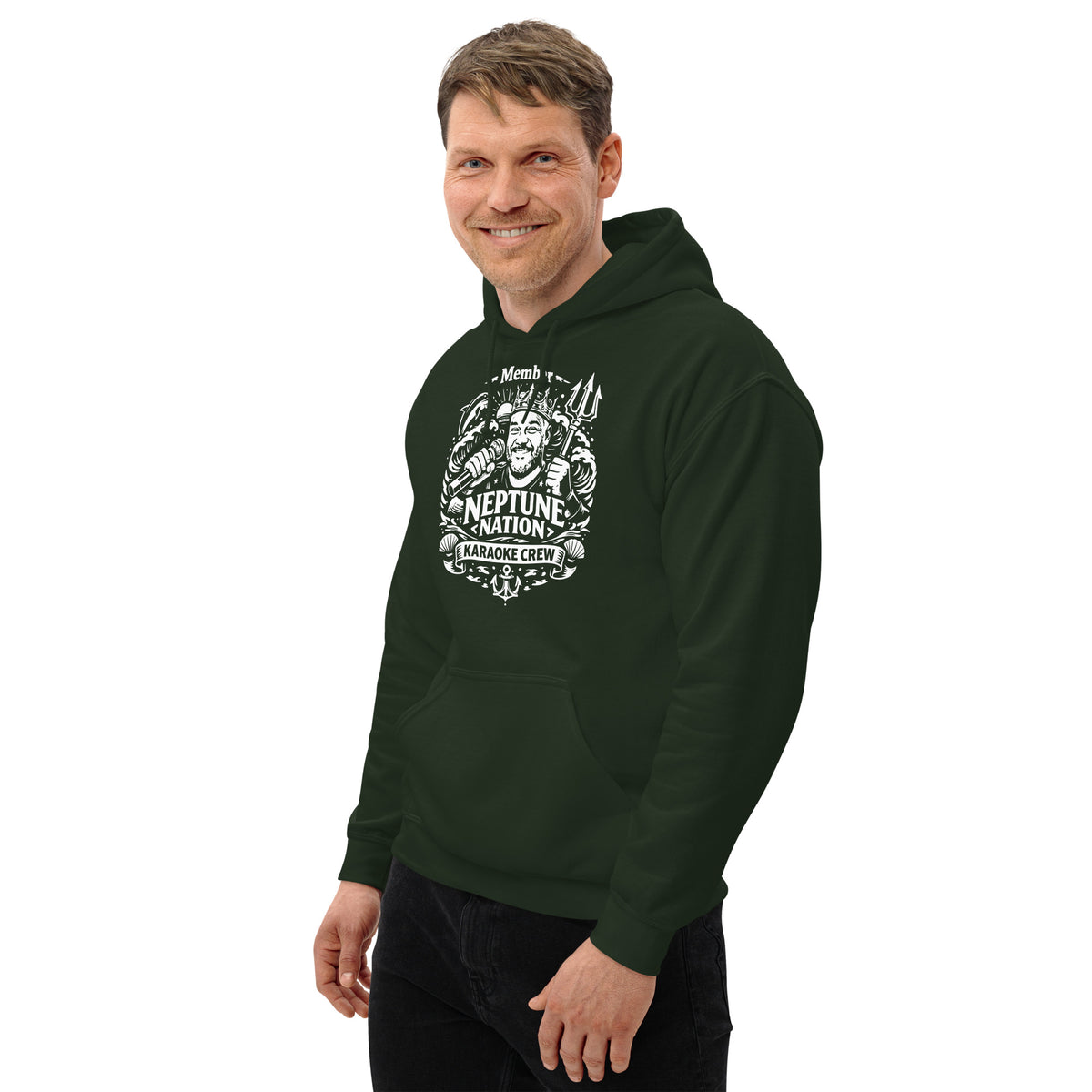 Forest Green pullover hoodie, left-front angled view, featuring KJ Neptune's Neptune Nation nautical microphone and trident badge.