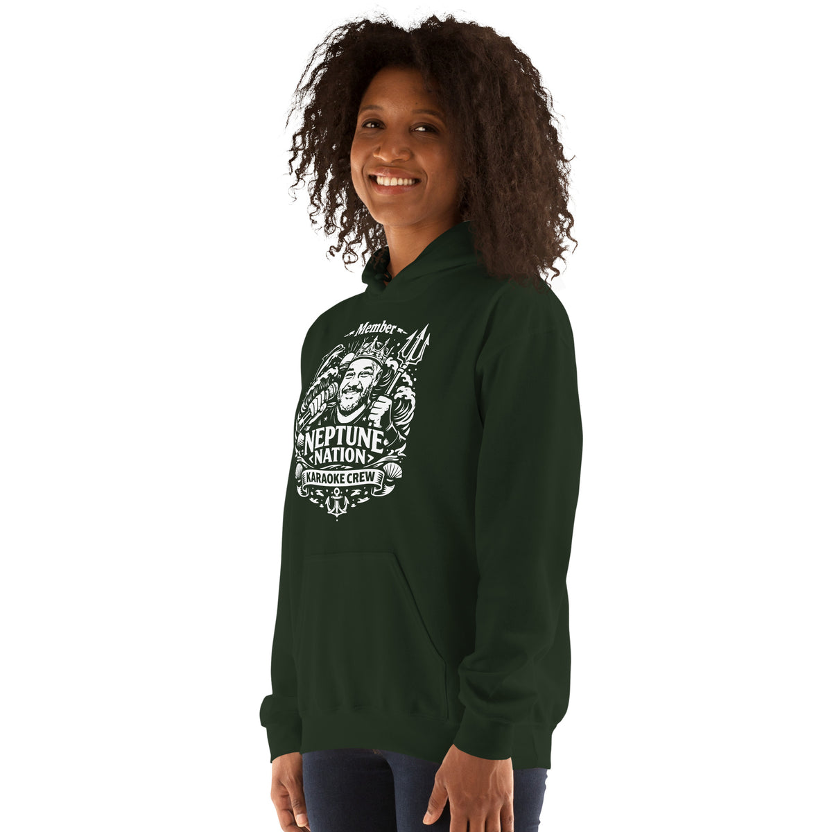 Forest Green pullover hoodie, left-front angled view, featuring KJ Neptune's Neptune Nation nautical microphone and trident badge.