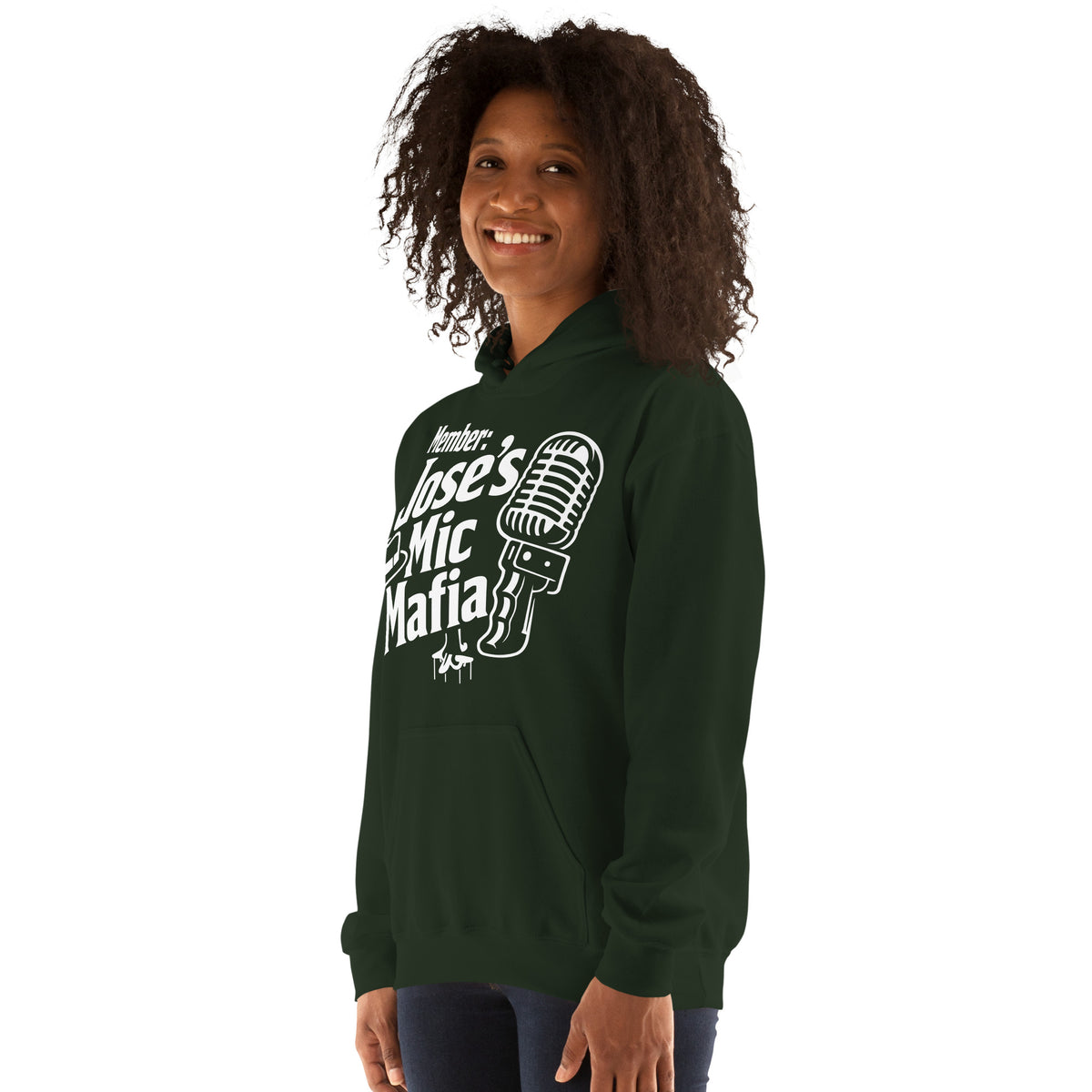 Forest Green pullover hoodie, left-front angled view, featuring Jose's Mic Mafia microphone and fedora design.