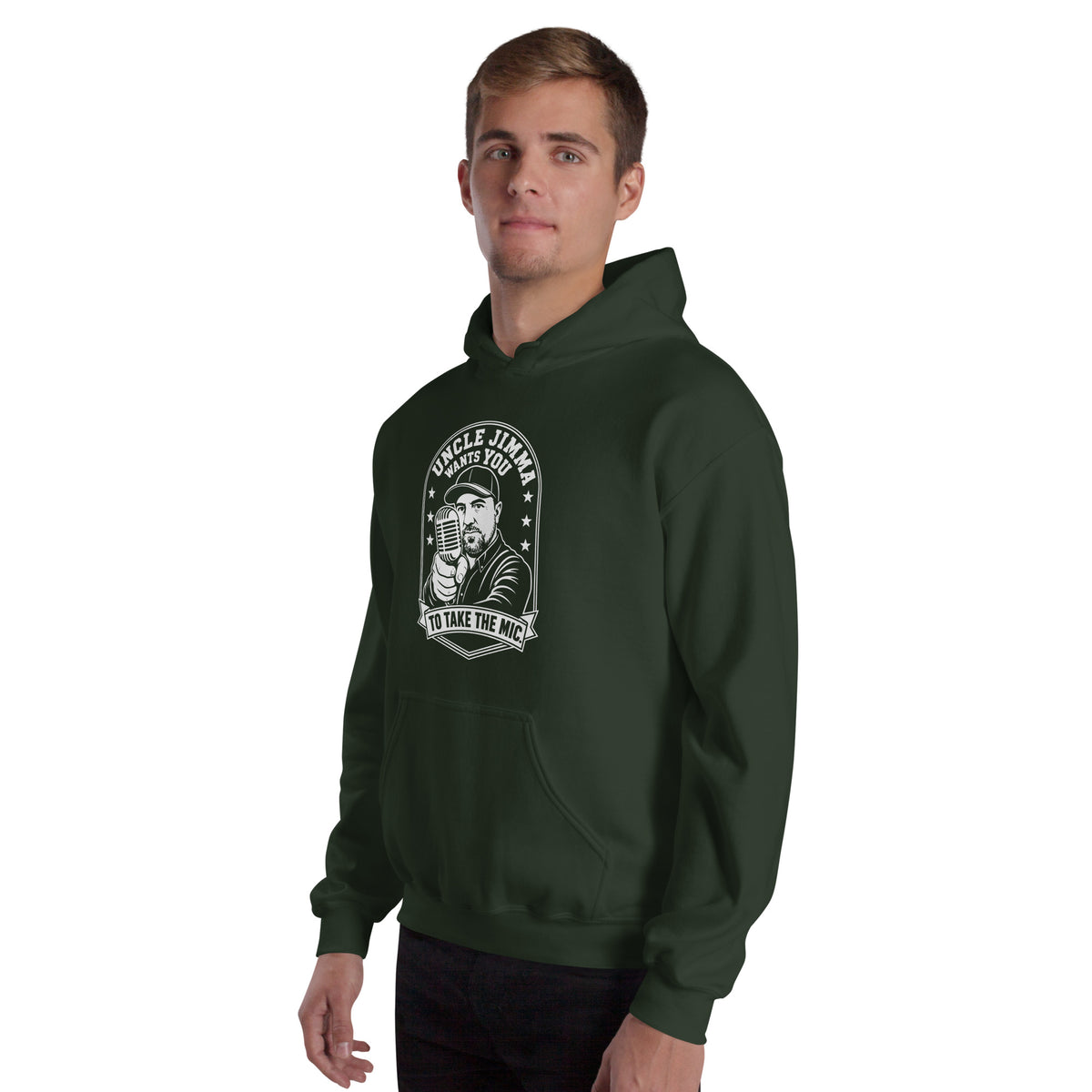 Forest Green pullover hoodie, left-front angled view, featuring Uncle Jimma Wants You to Take the Mic pointing portrait and microphone.