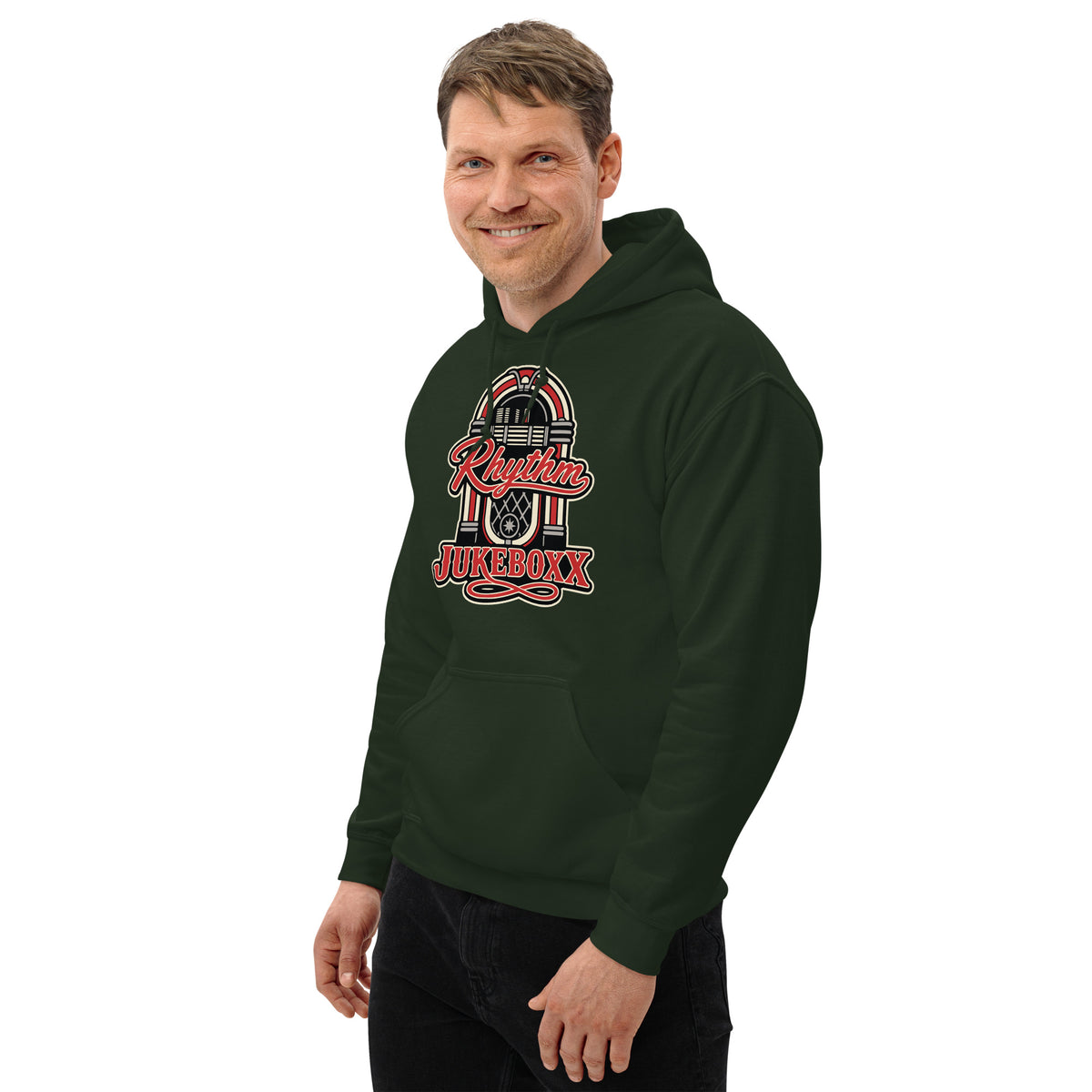 Forest Green pullover hoodie, left-front angled view, featuring Rhythm Jukeboxx red-and-cream retro jukebox graphic.