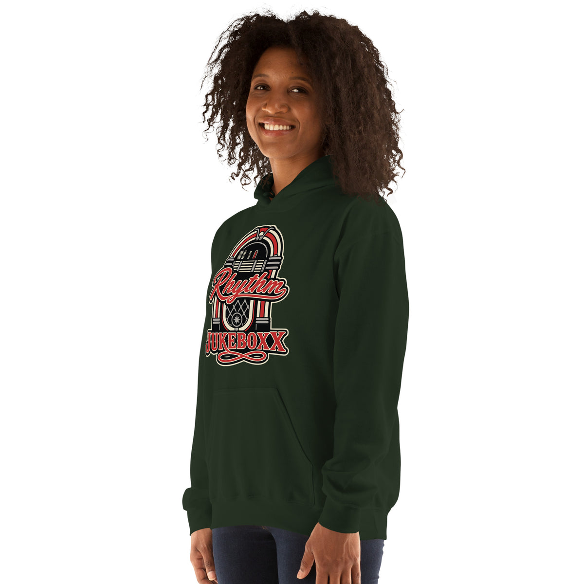 Forest Green pullover hoodie, left-front angled view, featuring Rhythm Jukeboxx red-and-cream retro jukebox graphic.
