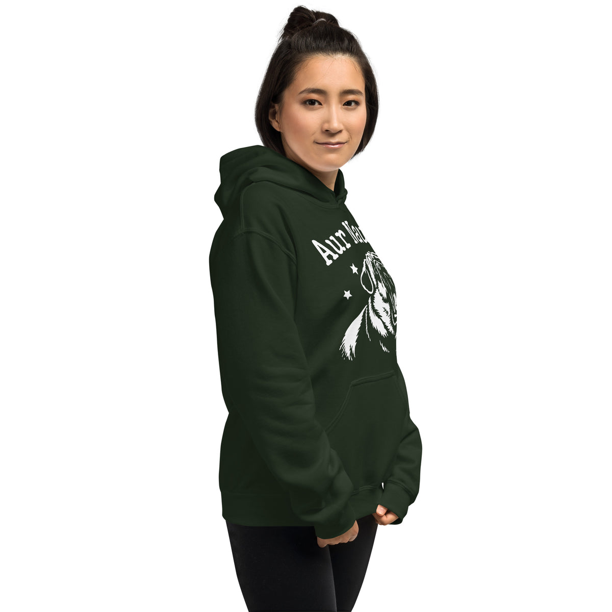 Forest Green pullover hoodie, right-front angled view, featuring Aur Naur white pug portrait and star-accented lettering.