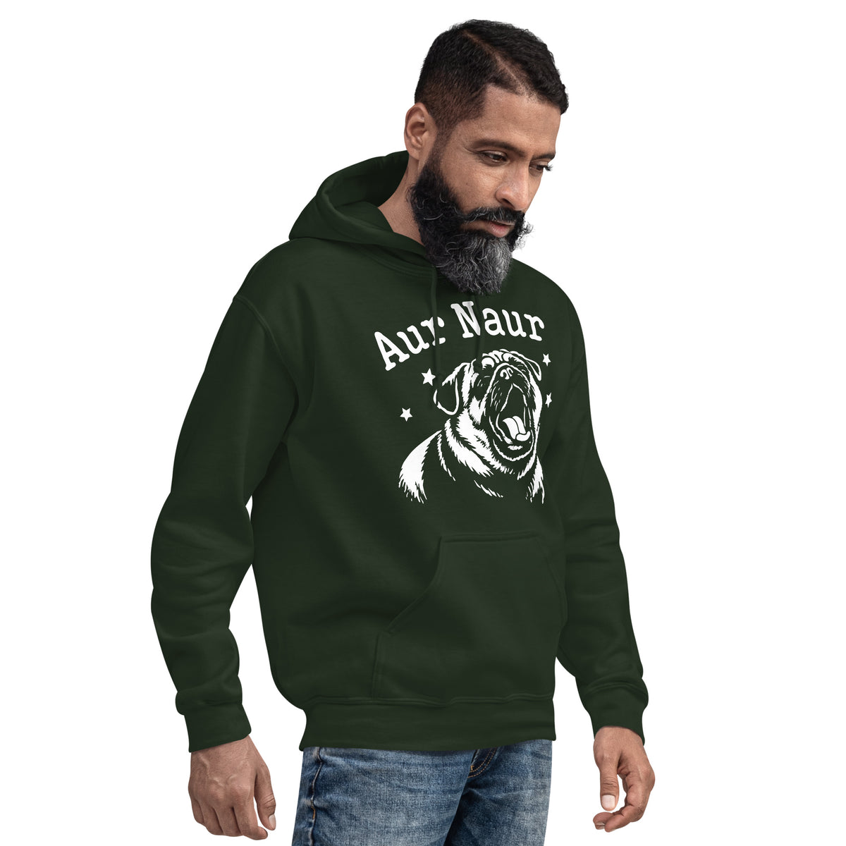 Forest Green pullover hoodie, right-front angled view, featuring Aur Naur white pug portrait and star-accented lettering.