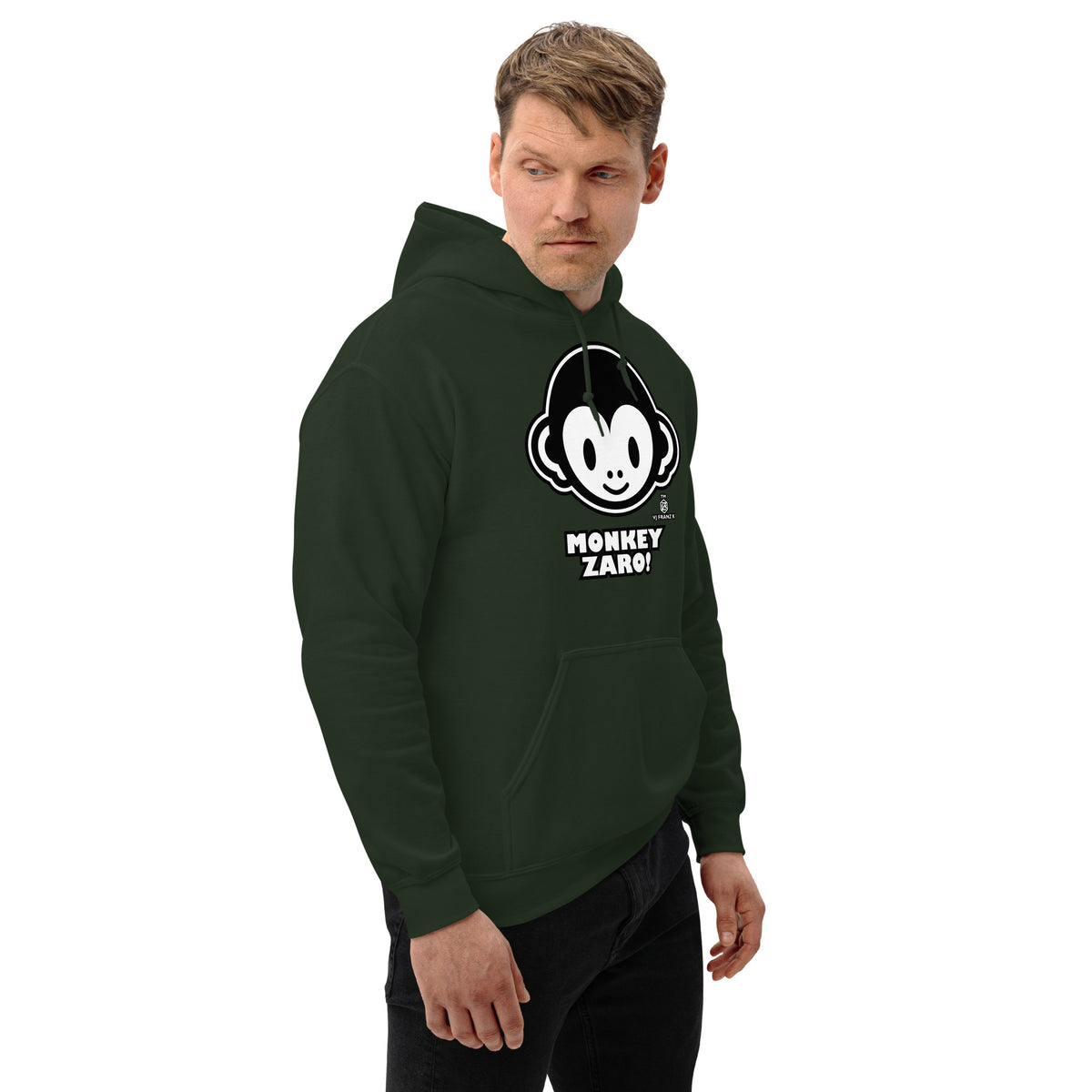 Forest Green pullover hoodie, right-front angled view, featuring Monkey Zaro! white cartoon monkey face and lettering.