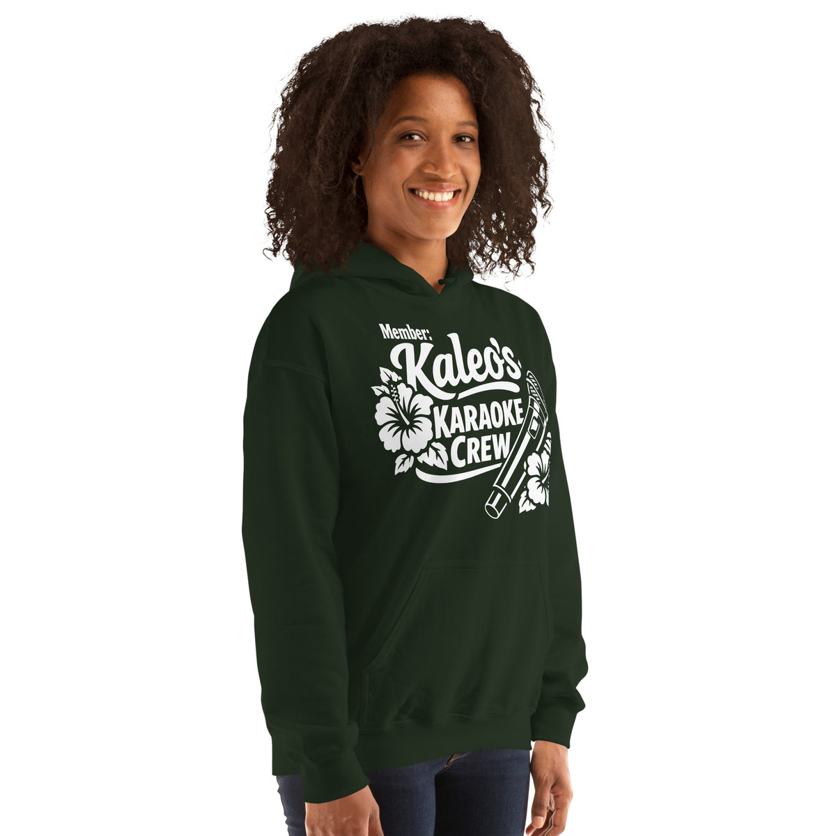 Forest Green pullover hoodie, right-front angled view, featuring Kaleo's Karaoke Crew lettering, microphone, and hibiscus flowers.