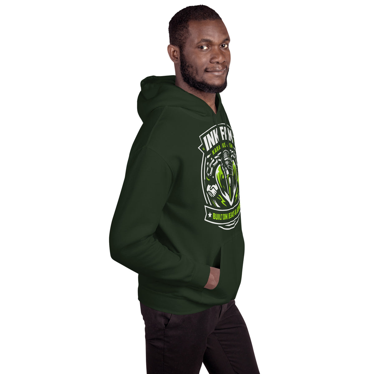 Forest Green pullover hoodie, right-front angled view, featuring DJ Ink Beats & Bonds shield with a microphone and green-and-white lettering.