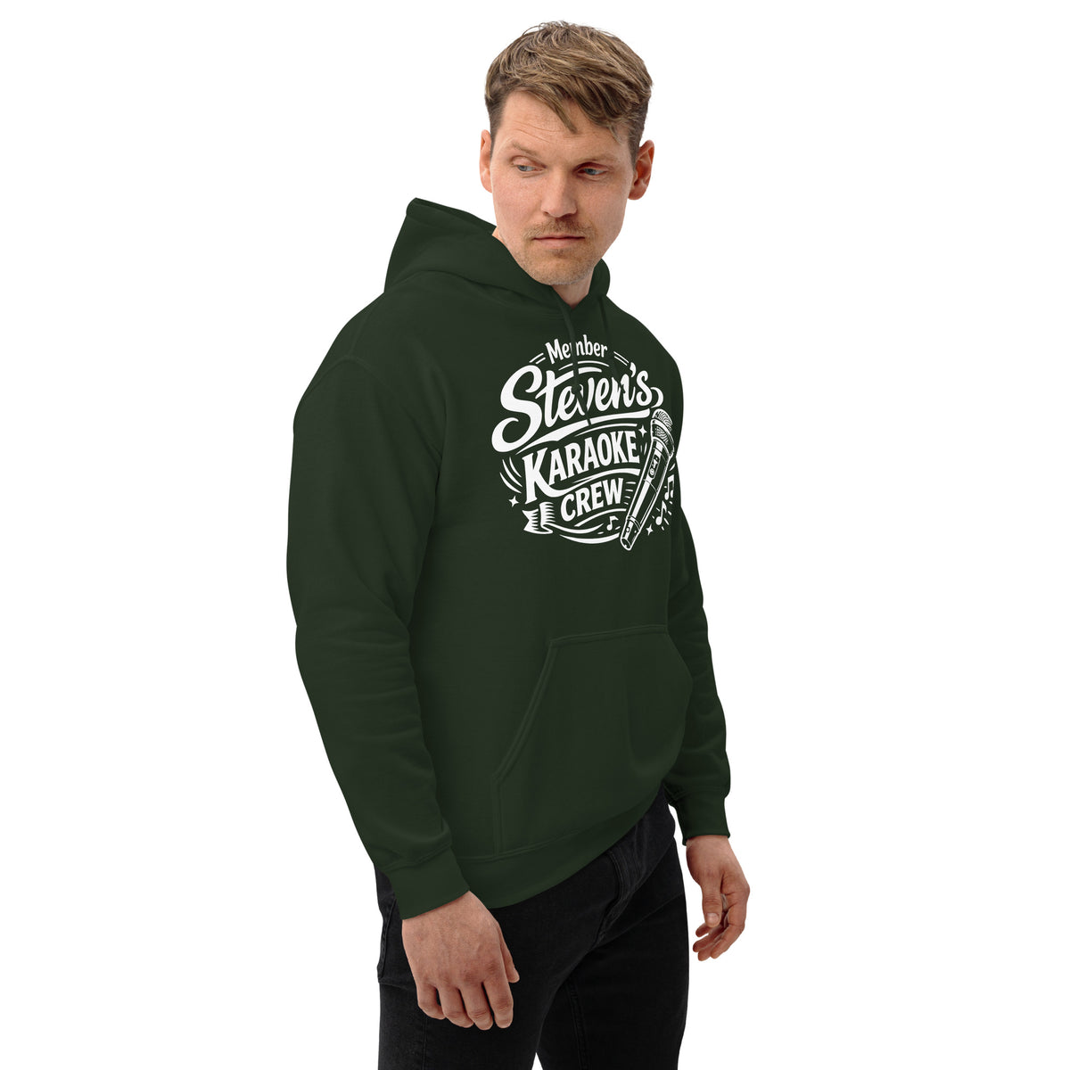 Forest Green pullover hoodie, right-front angled view, featuring Steven's Karaoke Crew lettering and microphone graphic.